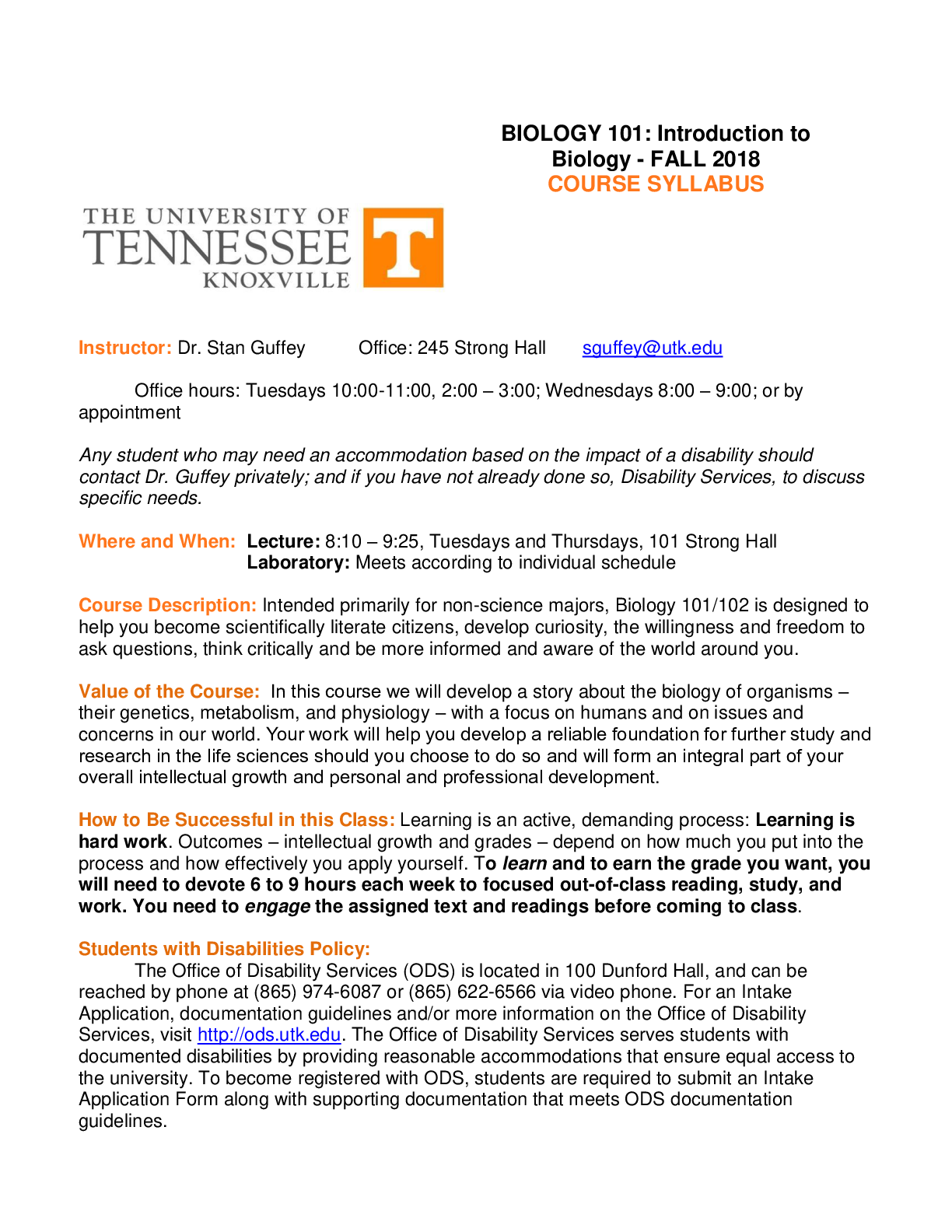 Preview image for BIOLOGY 101: Introduction to Biology - FALL 2018 COURSE SYLLABUS