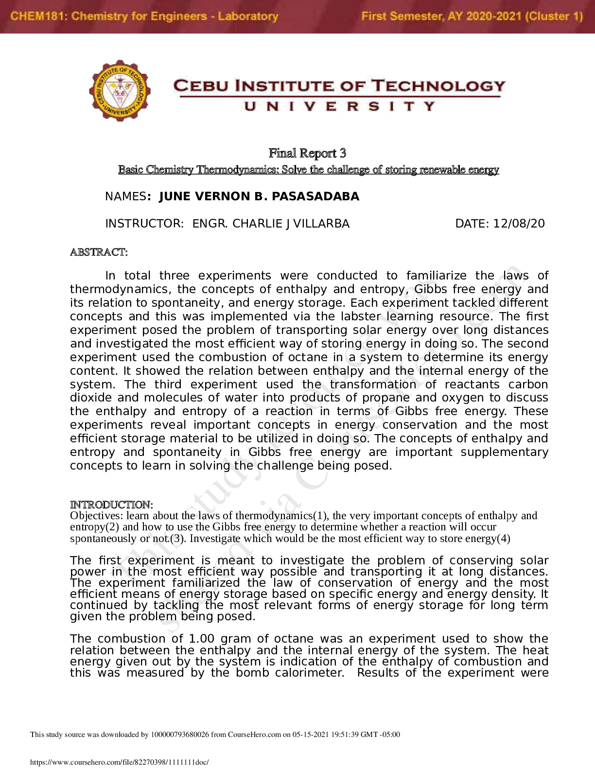 Preview image for Final Report 3 Basic Chemistry Thermodynamics: Solve the challenge of storing renewable energy 2020-2021 CLUSTER