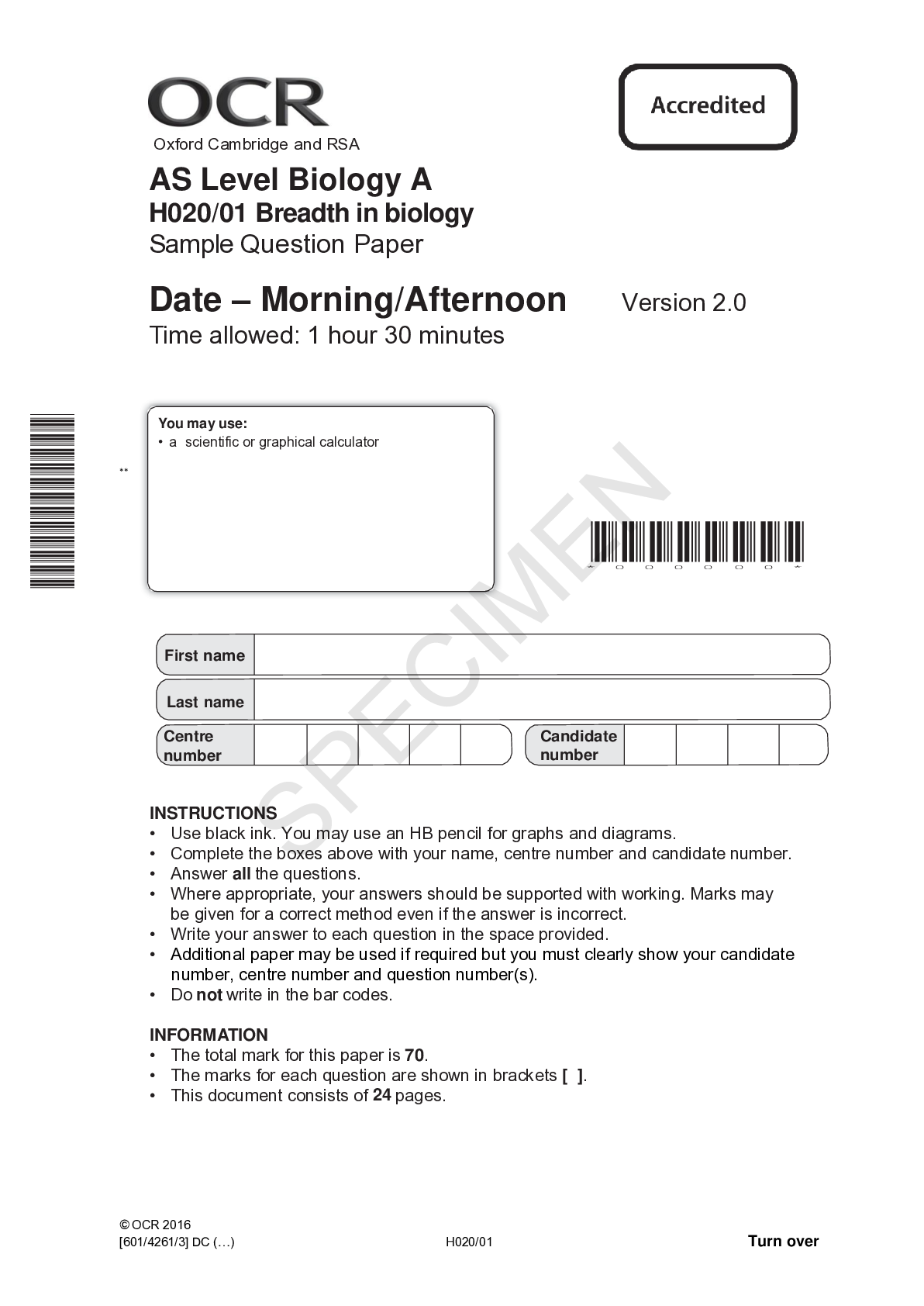 Preview image for AS Level Biology A H020/01 Breadth in biology Sample Question Paper