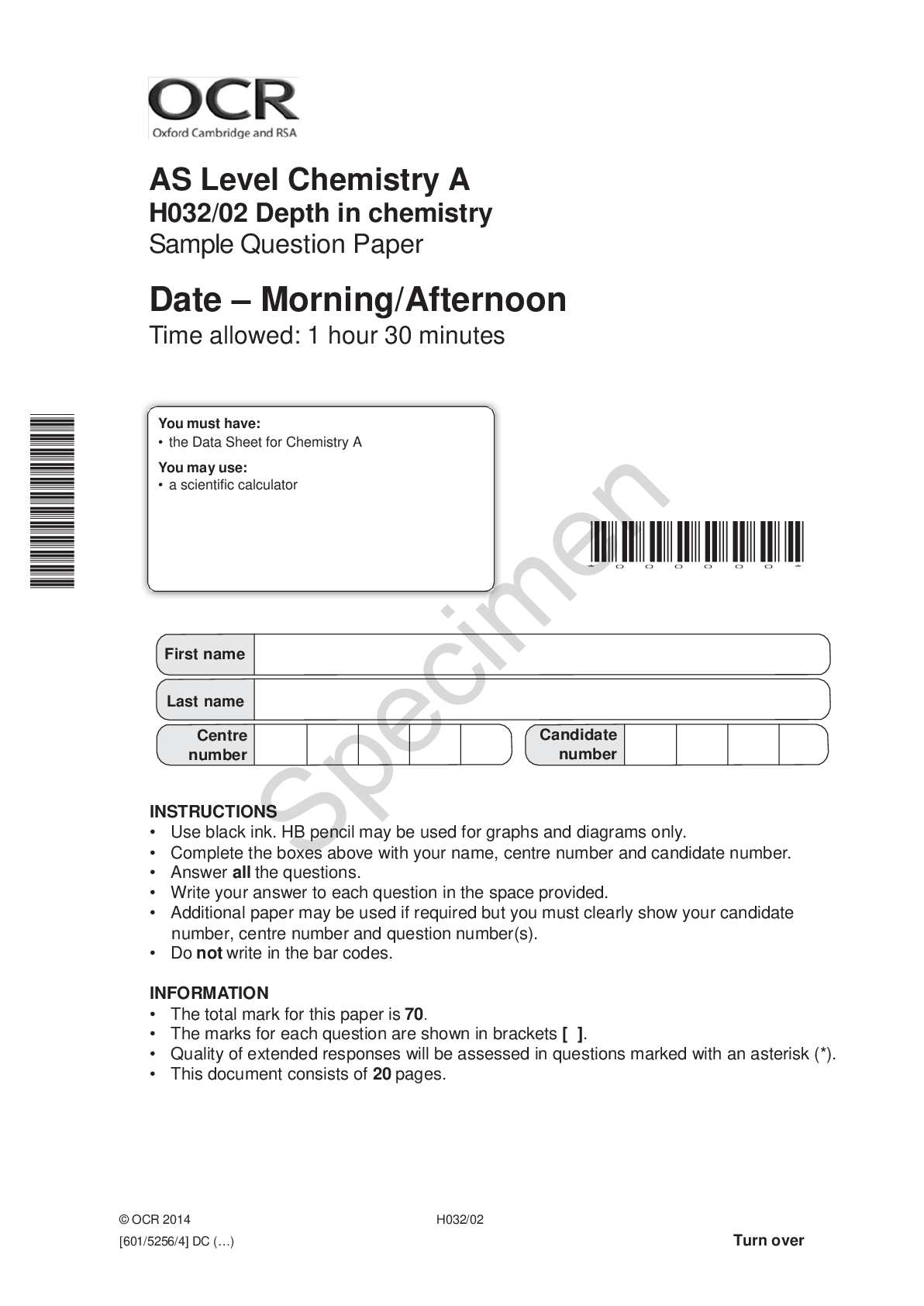Preview image for AS Level Chemistry A H032/02 Depth in chemistry Sample Question Paper