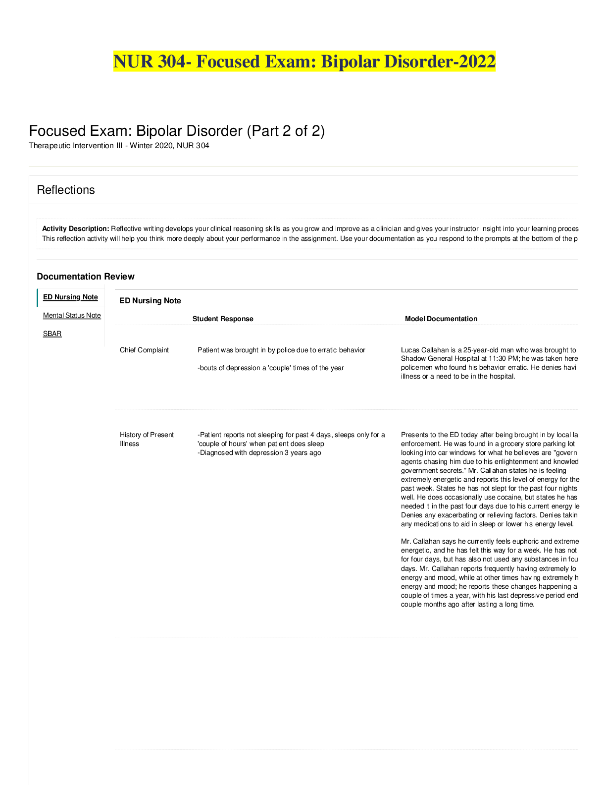 Preview image for Focused Exam: Bipolar Disorder Shadow Health Lucas Callahan. Theraputic Intervention. NUR 304 - Complete solution guide.