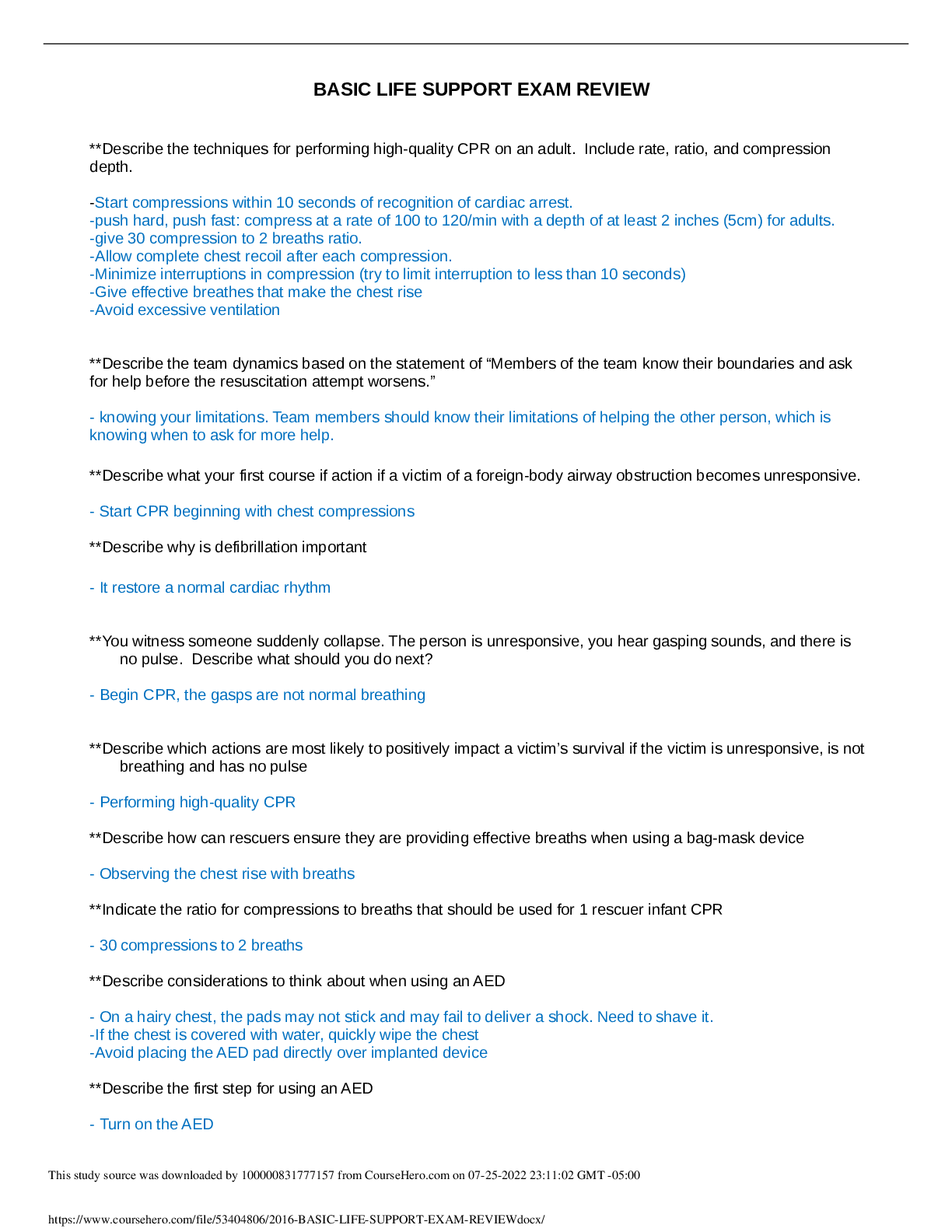 Preview image for 2016 BASIC LIFE SUPPORT EXAM REVIEW