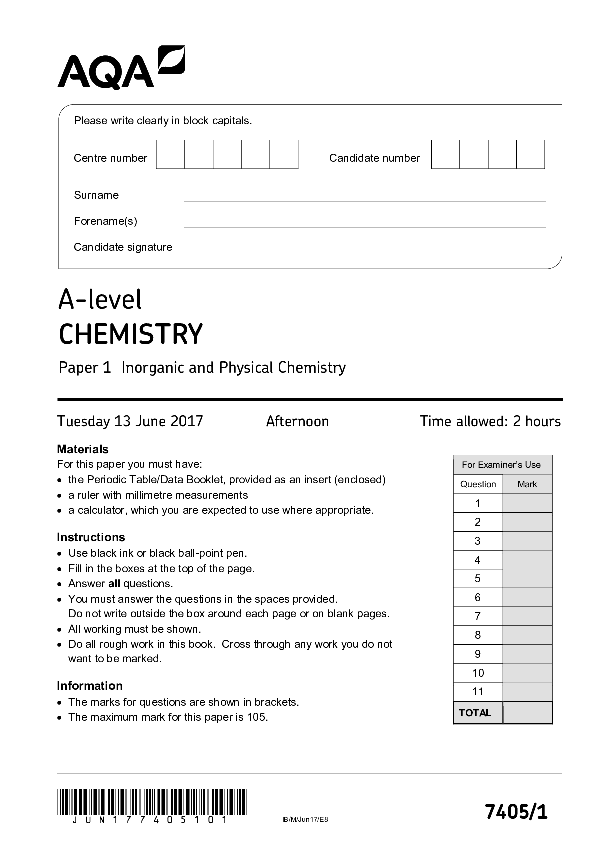 Preview image for A-level CHEMISTRY Paper 1 Inorganic and Physical Chemistry