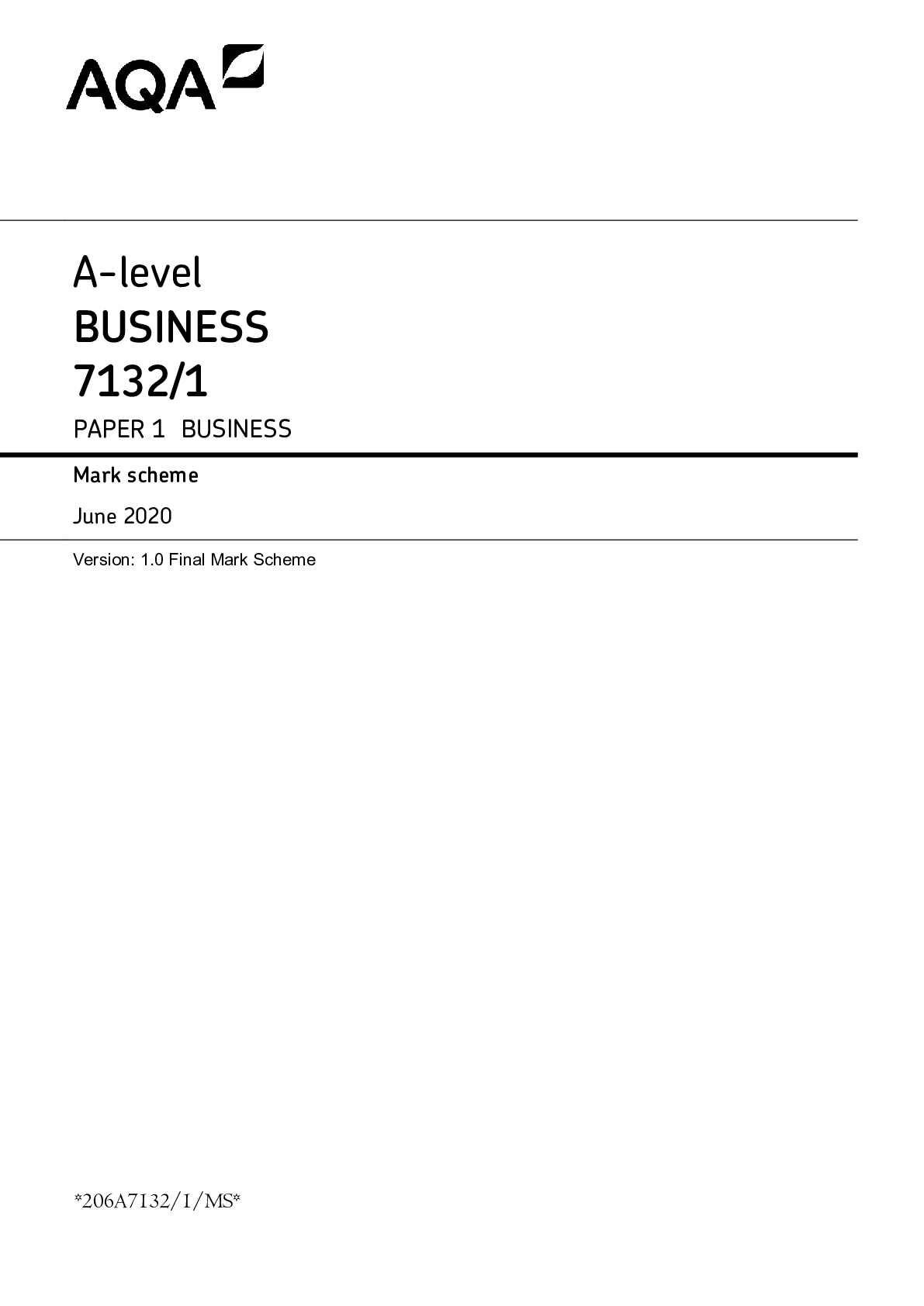 Preview image for 2020 A-level AQA BUSINESS 7132/1 PAPER 1 Mark scheme