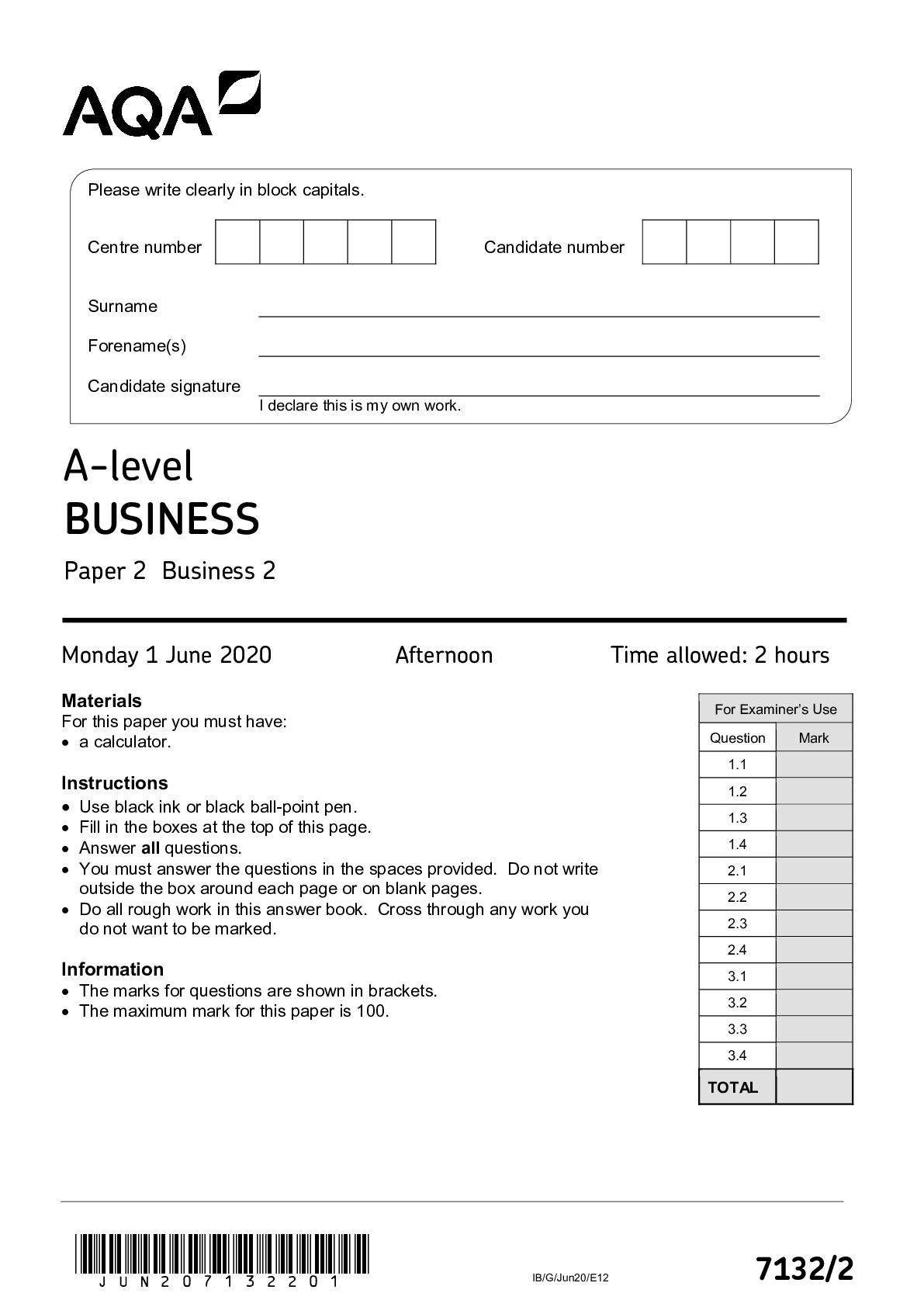 Preview image for 2020 A-level AQA BUSINESS  PAPER 2 Question Paper