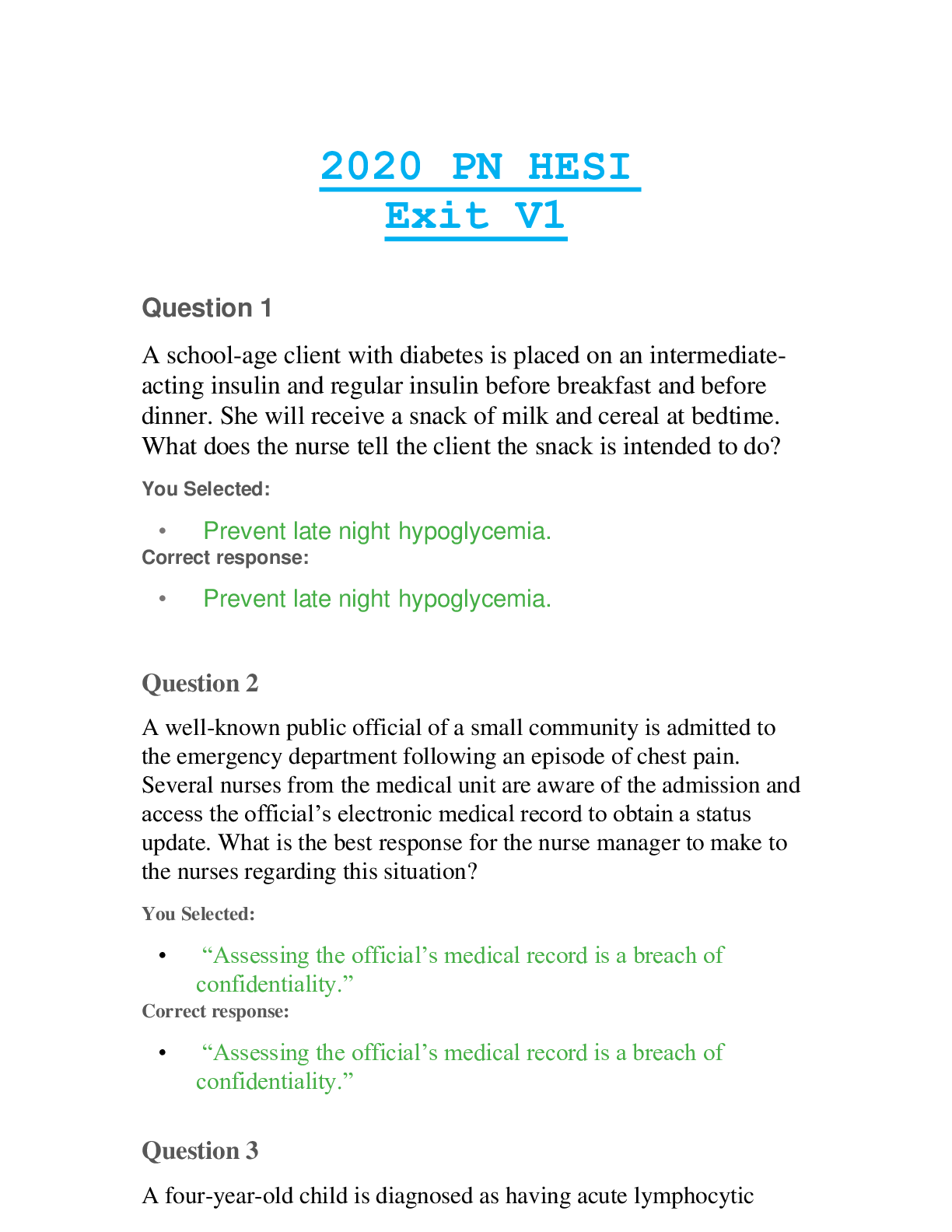 Preview of 2020 PN HESI Exit V1, 100% rated by student like you, guaranteed success, questions and an