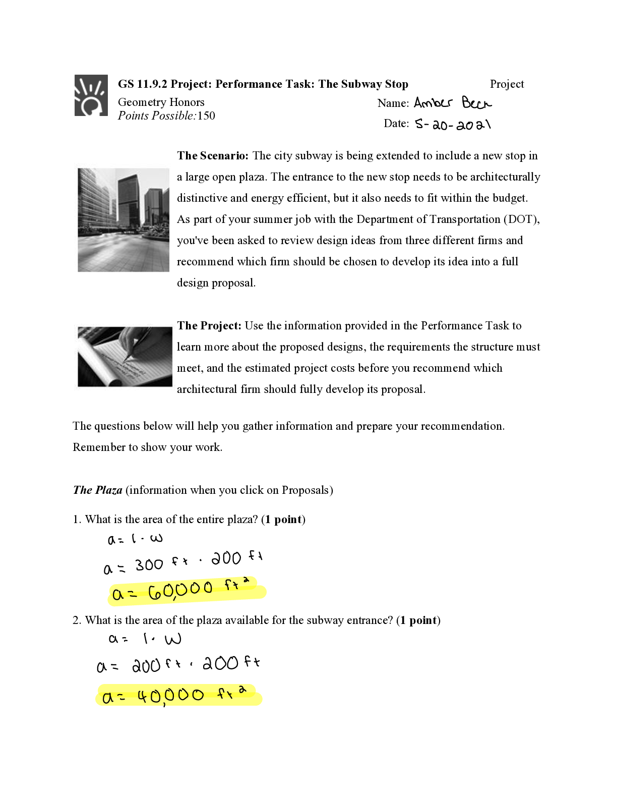 Preview of MATH 101 2021  GS 11.9.2 Project: Geometry Honors, Performance Task: The Subway Stop Proje