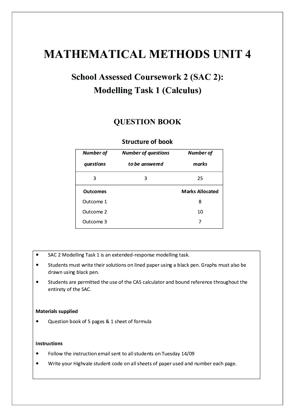 Preview image for Questions Paper > MATHEMATICAL METHODS UNIT 4 School Assessed Coursework 2 (SAC 2): Modelling Task 1 (Calculus)