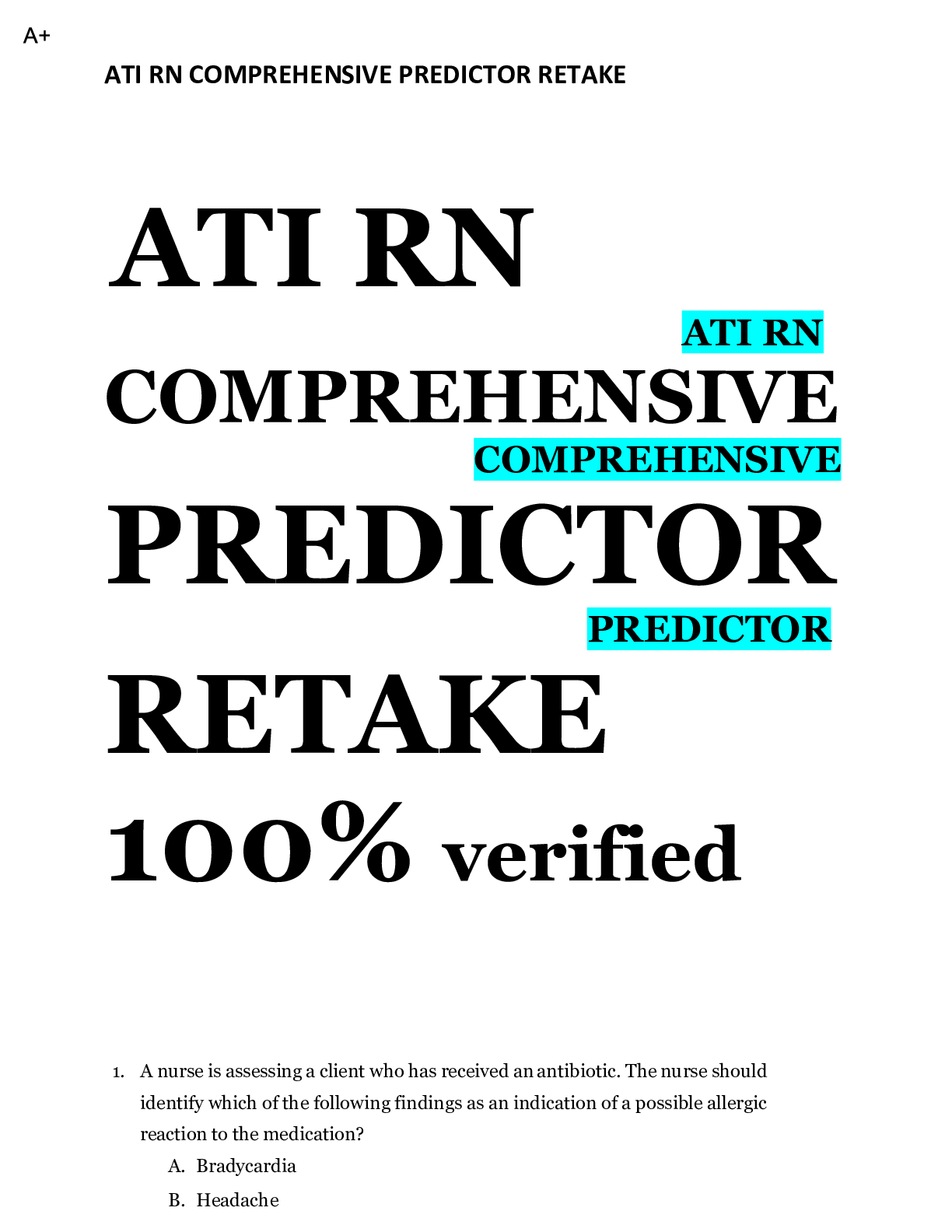 Preview image for ATI RN COMPREHENSIVE PREDICTOR RETAKE