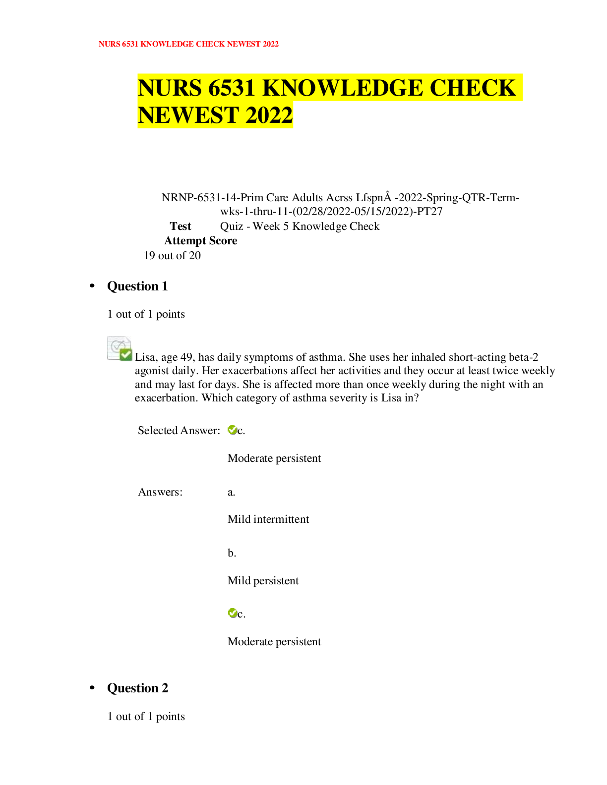 Preview image for NURS 6531 KNOWLEDGE CHECK  NEWEST 2022