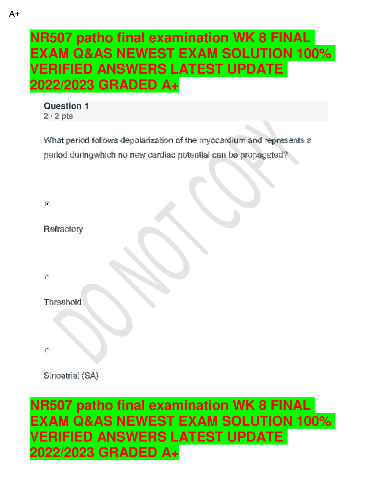 Preview image for NR507 patho final examination WK 8 FINAL EXAM Q&AS NEWEST EXAM SOLUTION 100% VERIFIED ANSWERS LATEST UPDATE 2022/2023 GRADED A+
