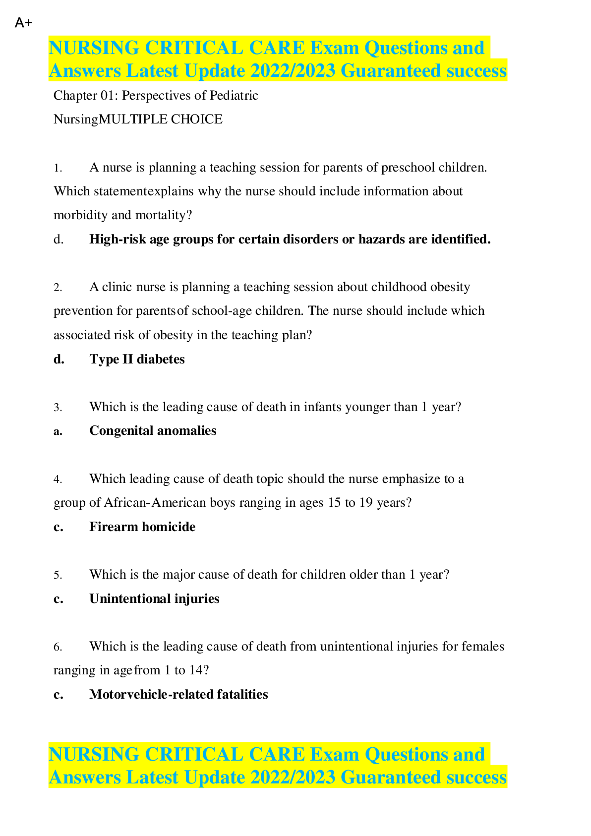 Preview image for NURSING CRITICAL CARE Exam Questions and Answers Latest Update 2022/2023 Guaranteed success