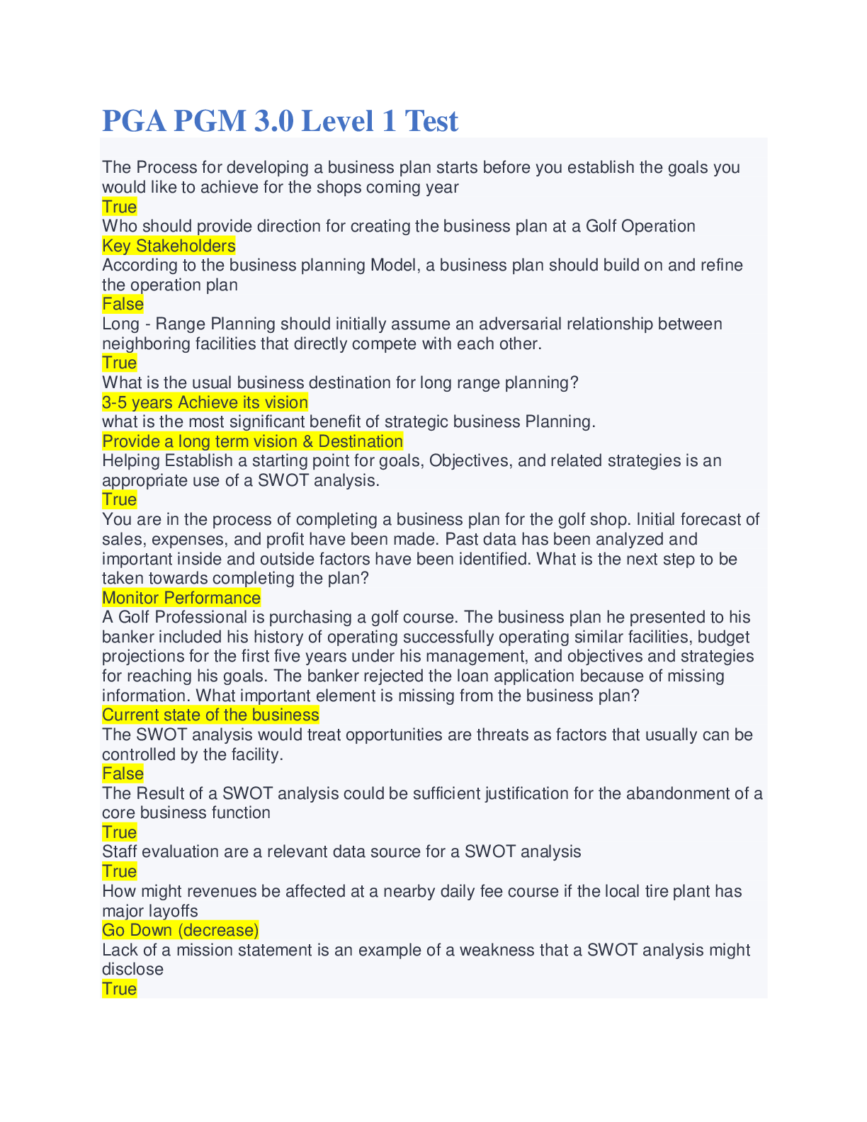 Preview image for PGA PGM 3.0 Level 1 Test Questions And Answers