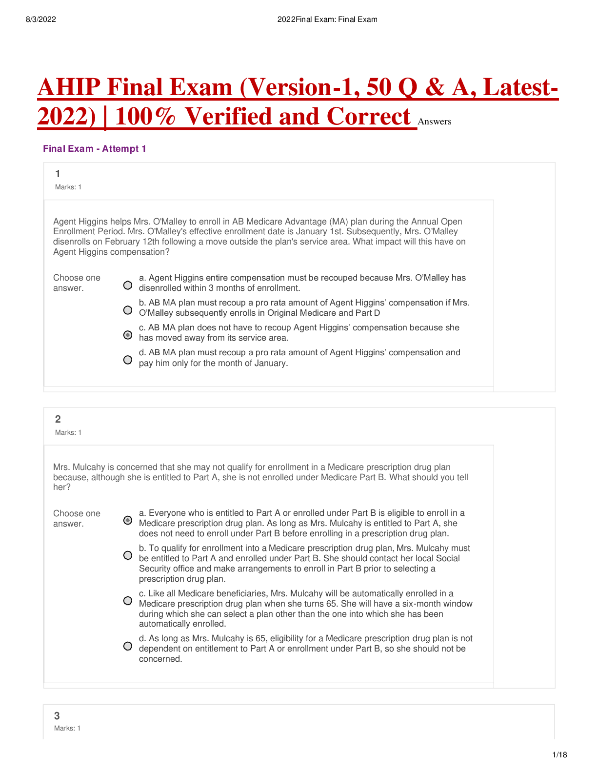 Preview image for AHIP Final Exam (Version-1, 50 Q & A, Latest-2022) | 100% Verified and Correct Answers