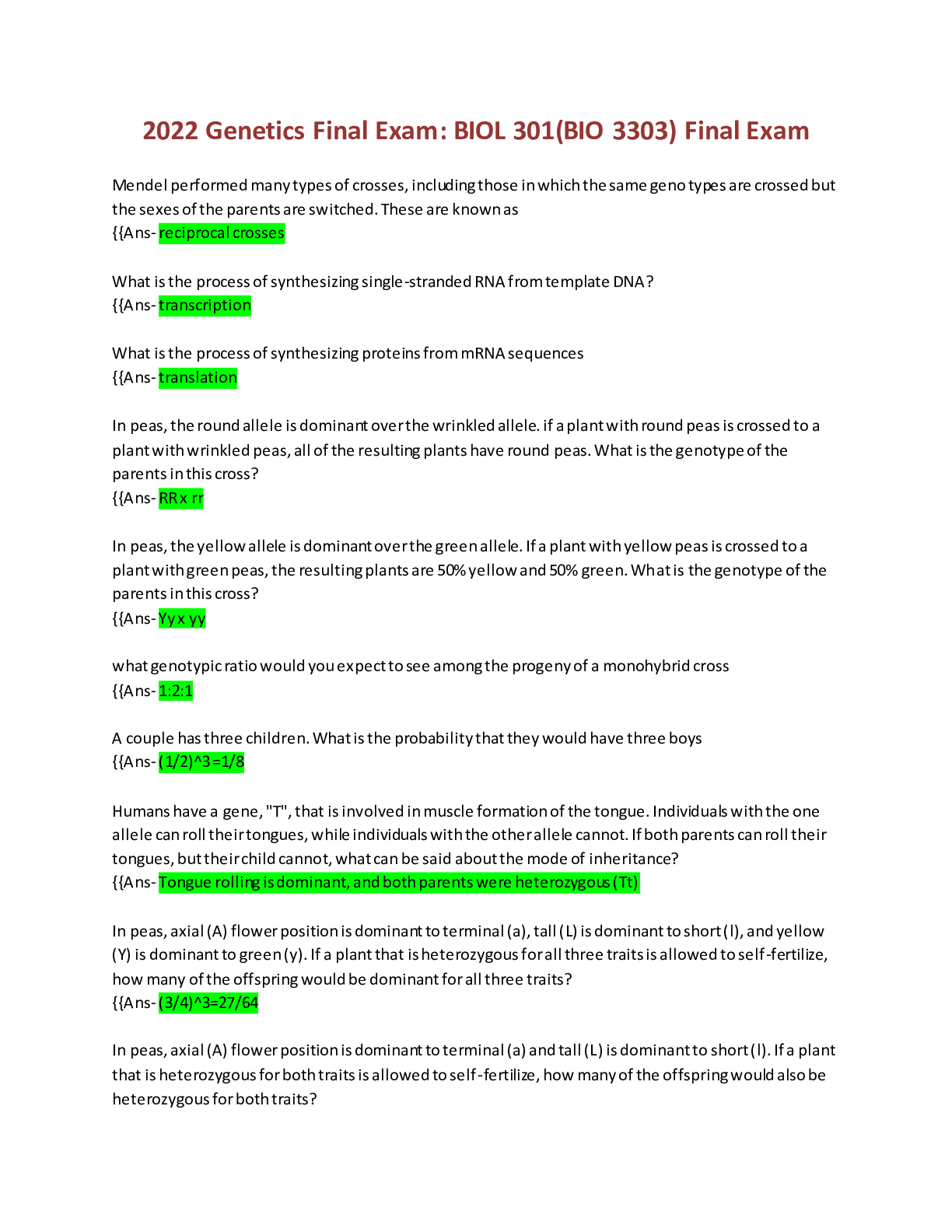 Preview image for 2022 Genetics Final Exam: BIOL 301(BIO 3303) Final Exam
