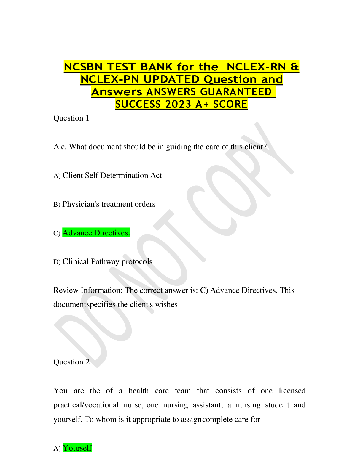 Preview image for NCSBN TEST BANK for the  NCLEX-RN & NCLEX-PN UPDATED Question and Answers GUARANTEED SUCCESS 2023 A+ SCORE