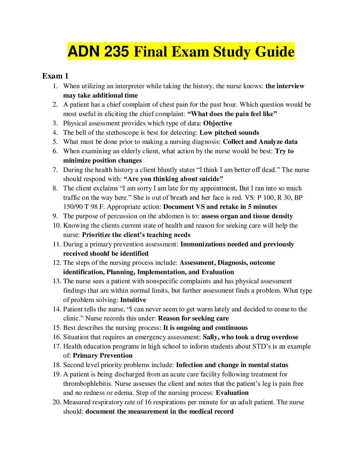 Preview of ADN 235 Final Exam review / 212 Final Exam Study Guide, Question And Answers( Rated A)
