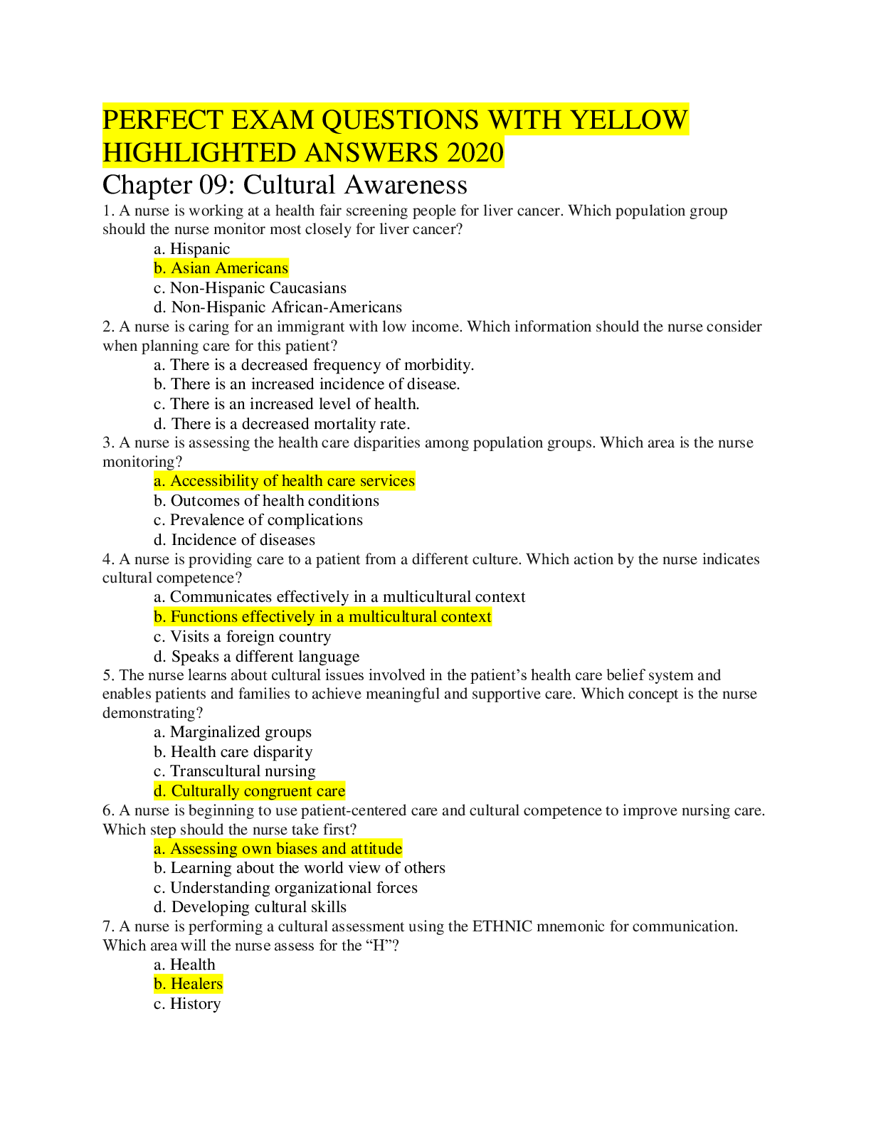PERFECT EXAM QUESTIONS WITH YELLOW HIGHLIGHTED ANSWERS 2020