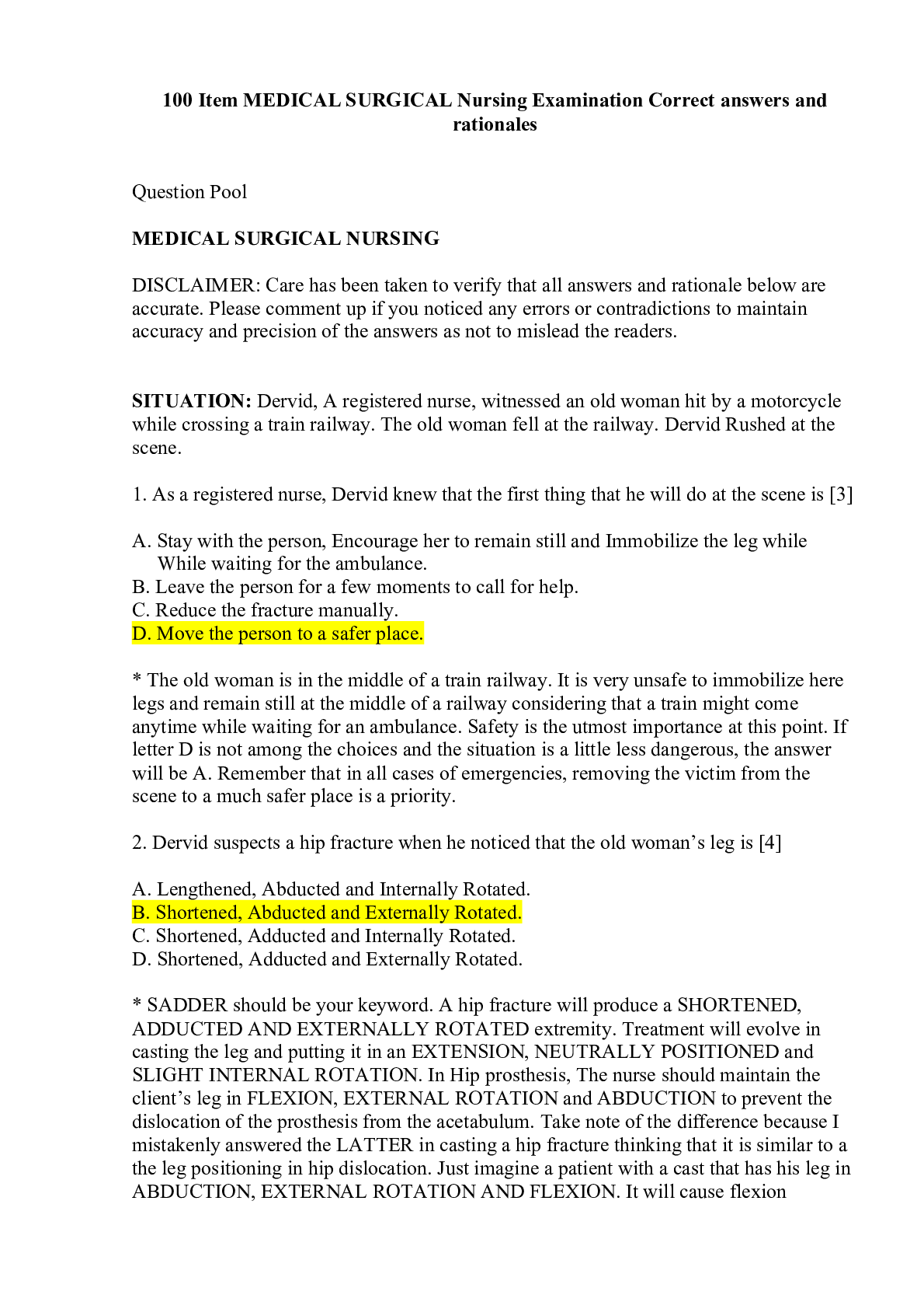Preview image for 100 Item MEDICAL SURGICAL Nursing Examination Correct answers and rationales