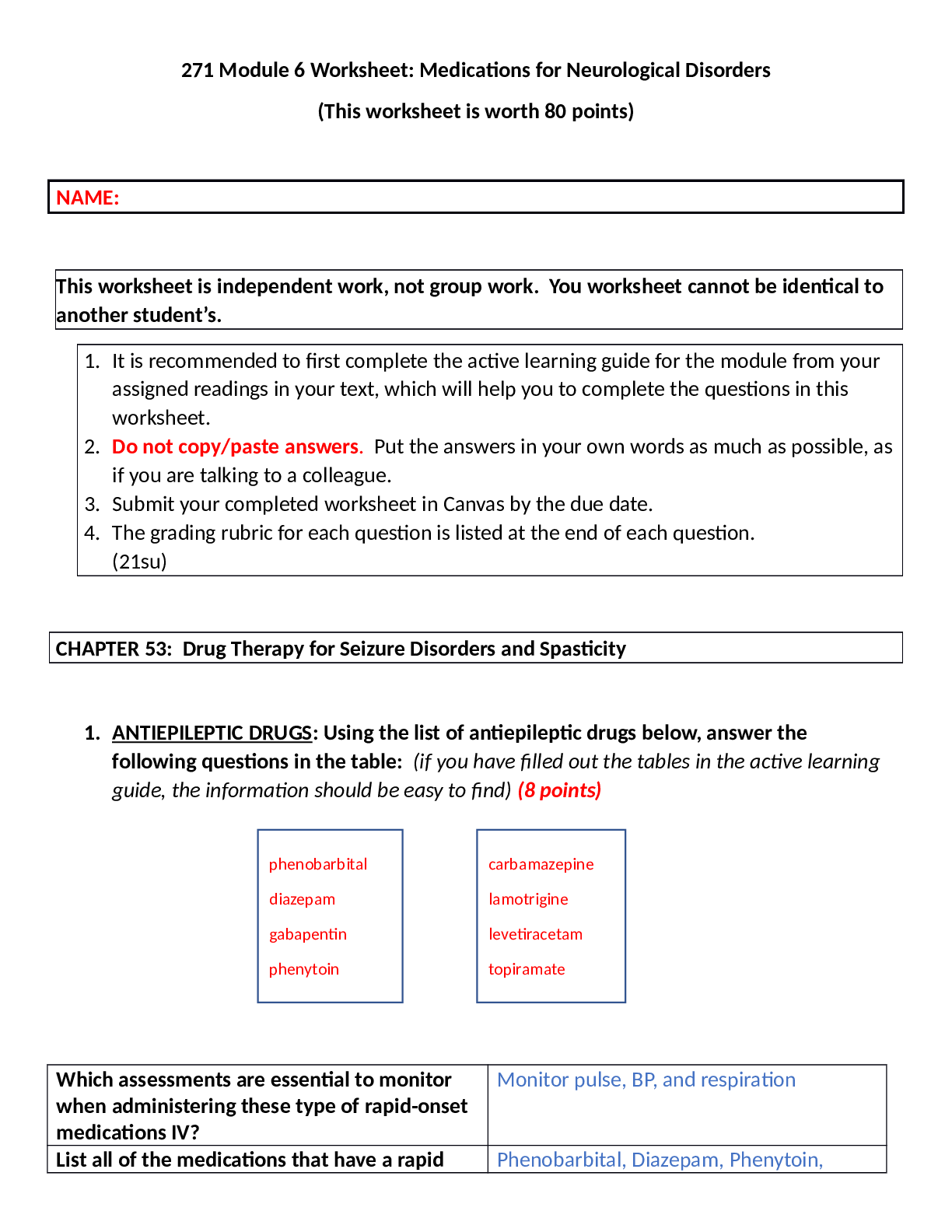 Preview image for NURS 271 Module 6 Worksheet Medications for Neurological Disorders