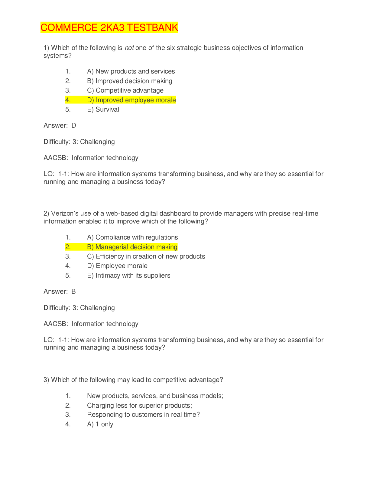 COMMERCE 2KA3 TESTBANK (ALL CHAPTER 1 QUESTIONS & ANSWERS) | LATEST FALL | 100% VERIFIED | McMaster University