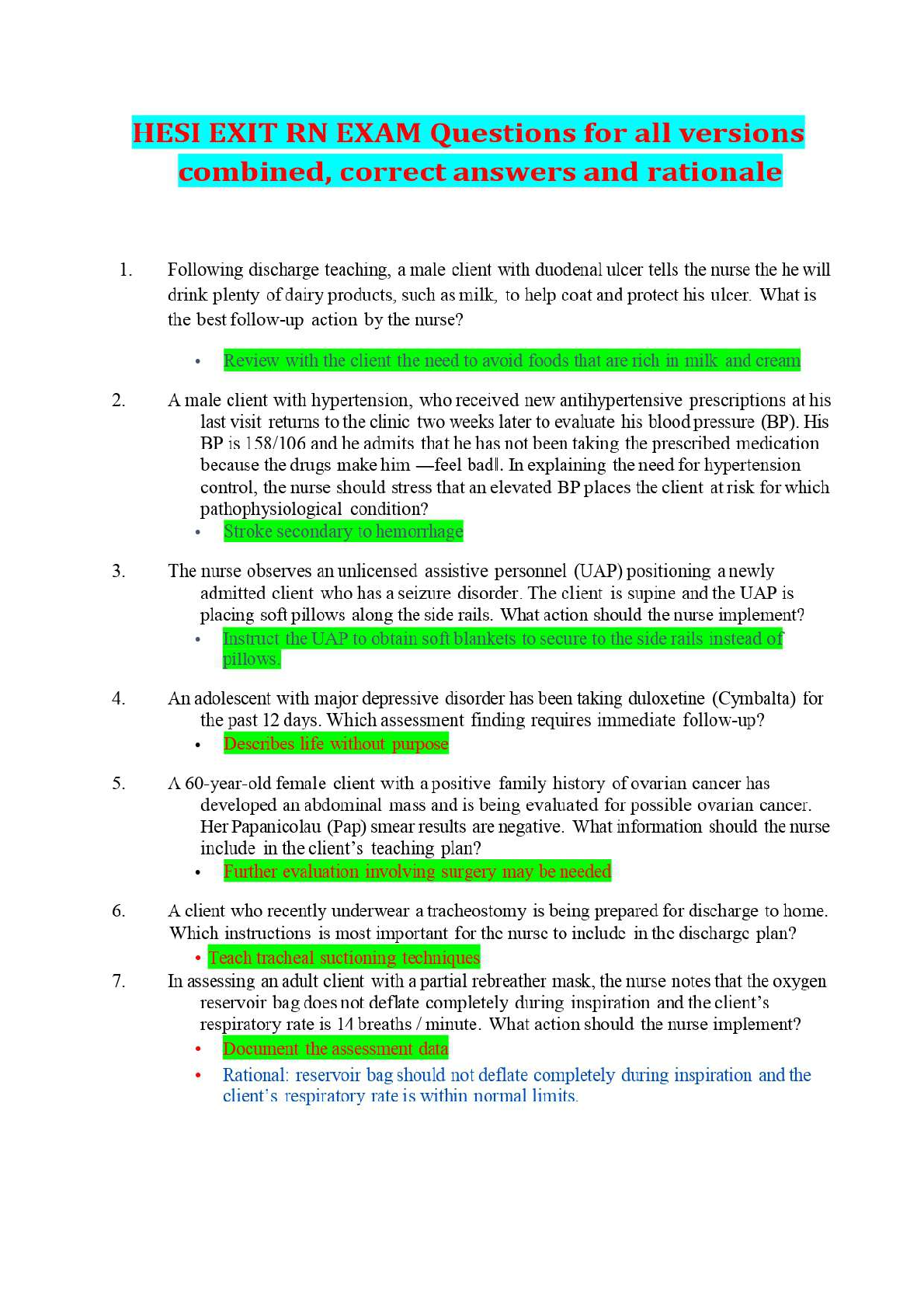 HESI EXIT RN EXAM Questions for all versions combined, correct answers and rationale