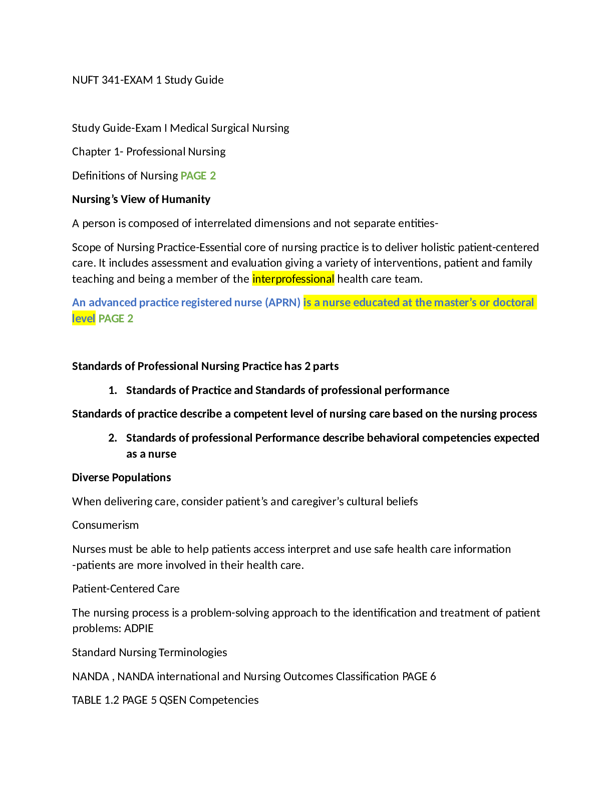 Preview image for Study Guide - NUFT 341-Exam I Medical Surgical Nursing