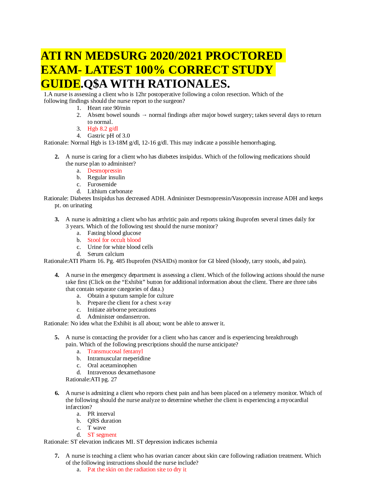 Preview image for ATI RN MEDSURG 2020/2021 PROCTOREDEXAM- LATEST 100% CORRECT STUDYGUIDE.Q$A WITH RATIONALES