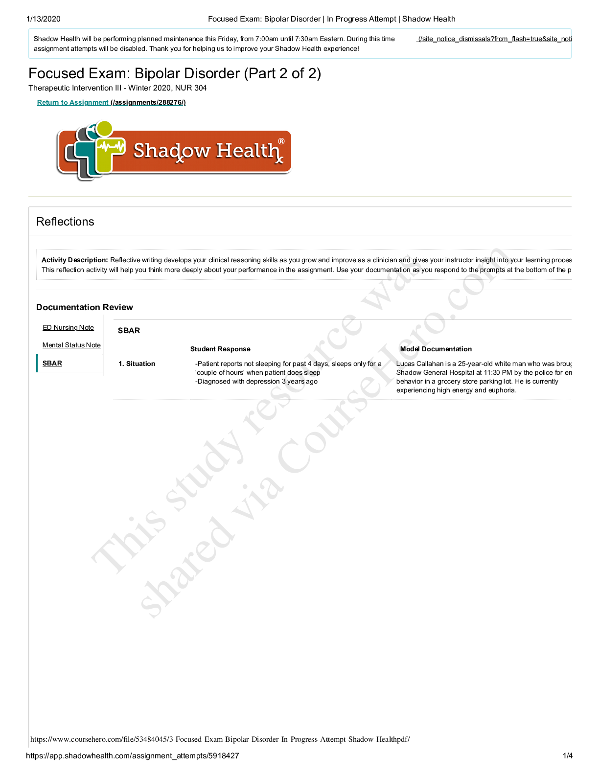 Preview image for NUR 304 3 Focused Exam_ Bipolar Disorder _ In Progress Attempt _ Shadow Health