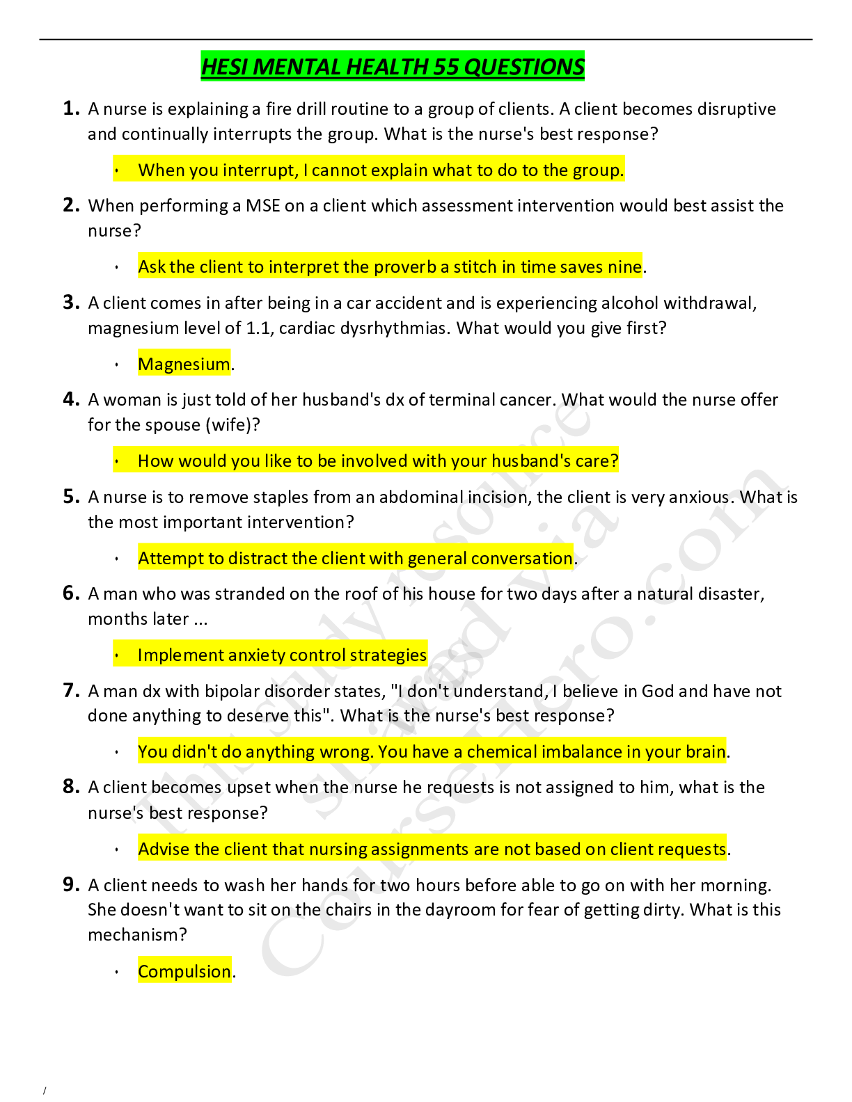 Preview image for HESI MENTAL HEALTH V4 2018 55 QUESTIONS WITH CORRECT ANSWERS.