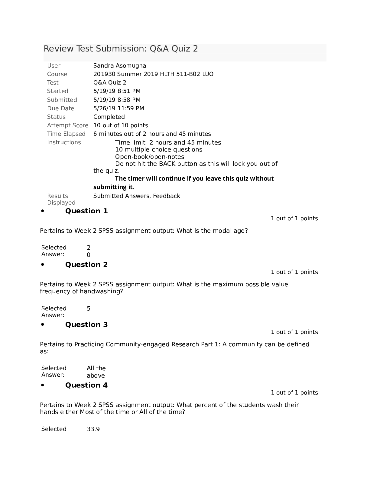 Preview of HLTH 511 quizzes__{Review Test Submission: Q&A Quiz 2}