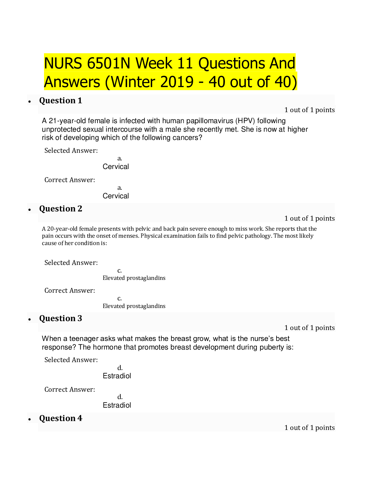 Preview image for NURS 6501N Week 11 Q&A(Winter 2019 - 40 out of 40)RATED A