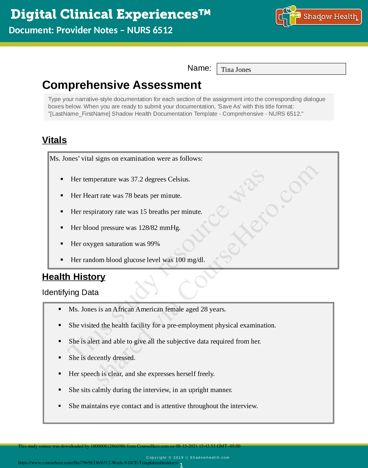 Preview of NURSING 6512_6512 Week 9 Tina Jones Comprehensive Assessment