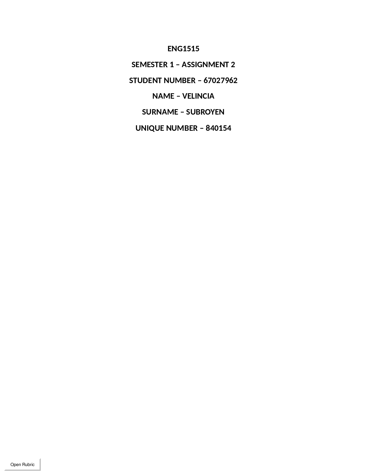 Preview of ENG1515  SEMESTER 1 – ASSIGNMENT 2  - /020 SCORED 82%, I INCLUDED CORRECTION