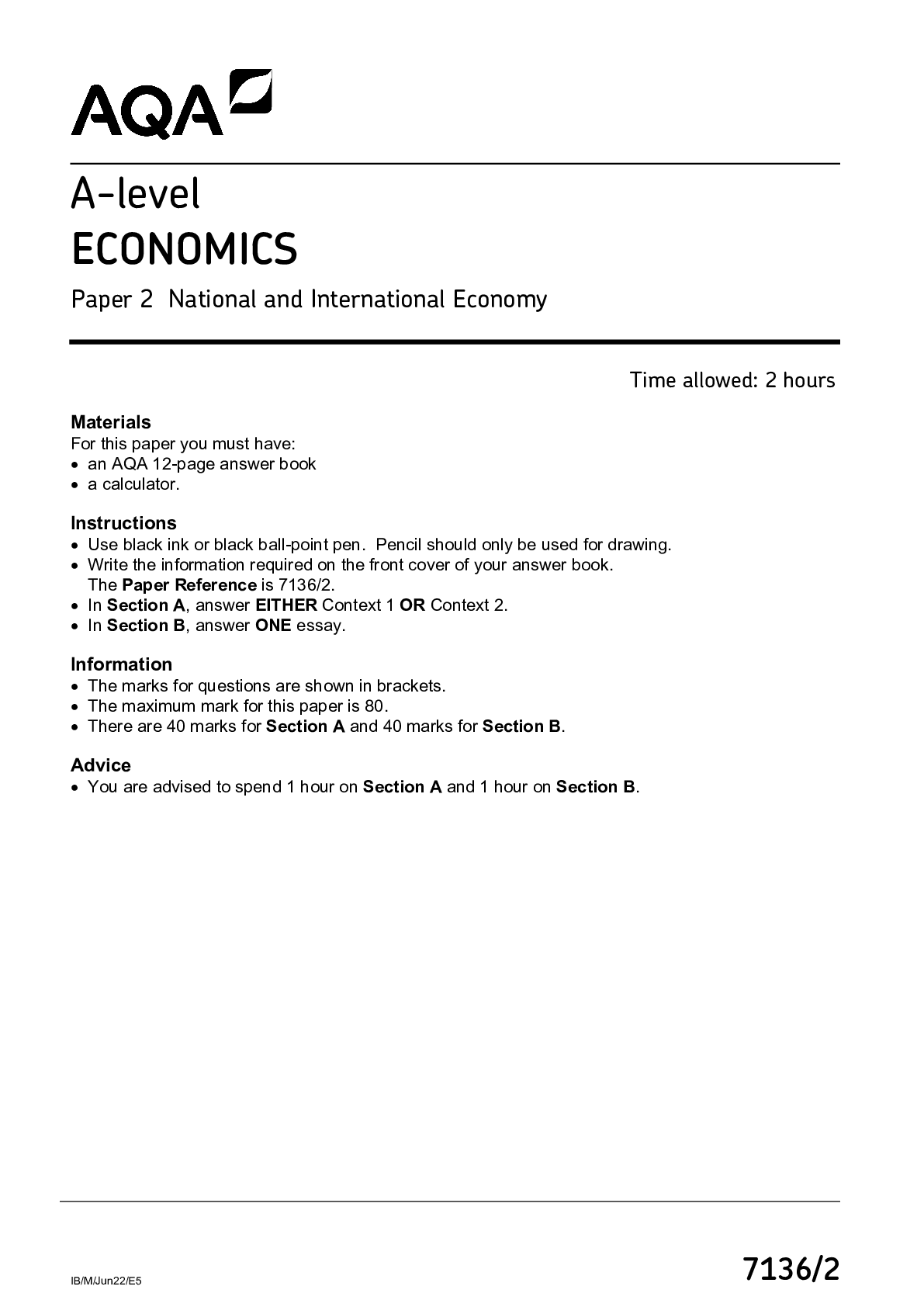 Preview image for AQA 2022 ECONOMICS A LEVEL QUESTION PAPER 2