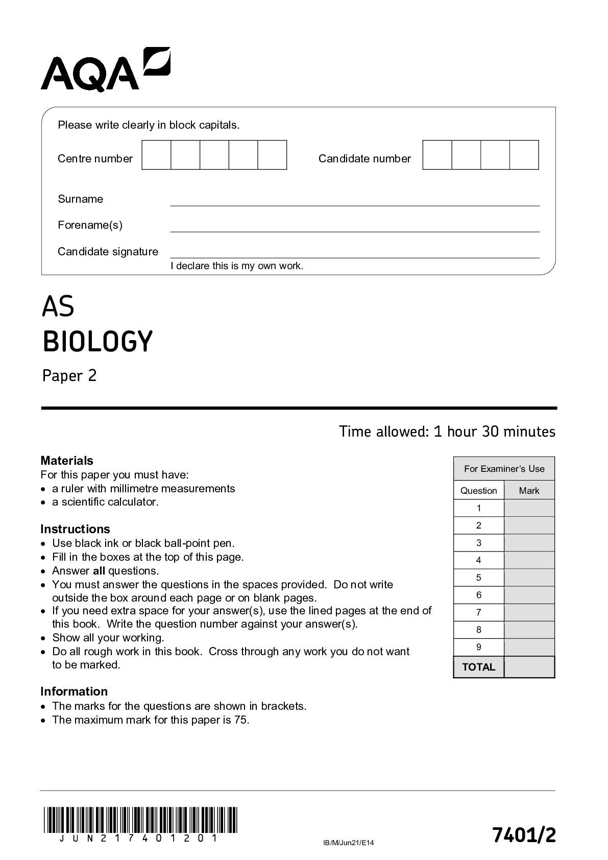 Preview image for AQA AS BIOLOGY 7401/2 Paper 2 Question Paper June 2021