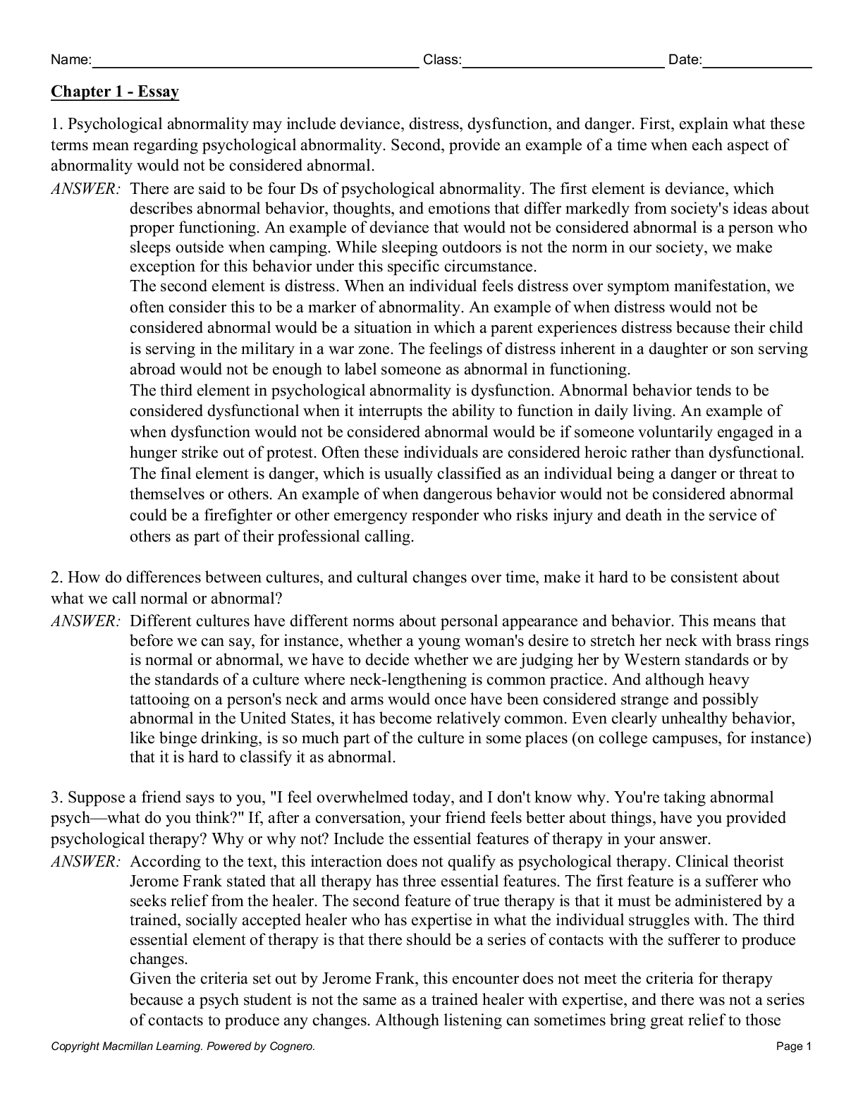 Test Bank for Fundamentals of Abnormal Psychology 10th Edition By Ronald Comer, Jonathan Comer