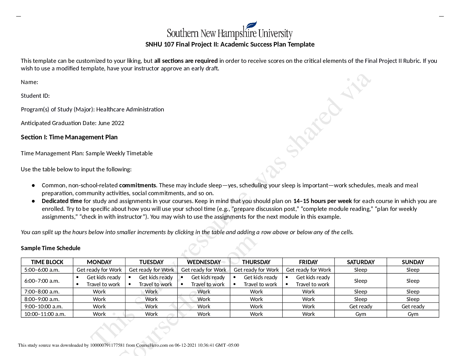 Preview image for SNHU 107 Final Project II: Academic Success Plan Template