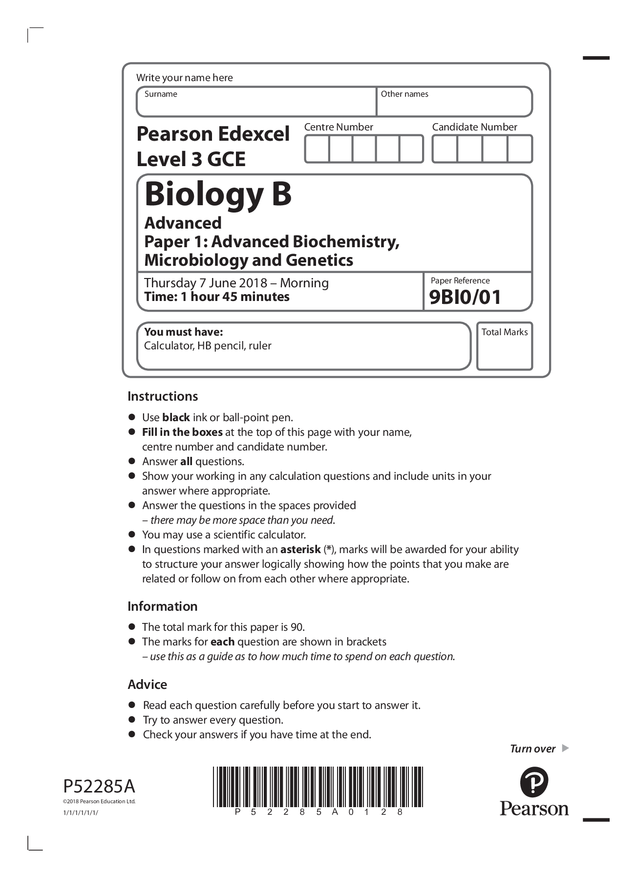 Preview image for Edexcel Level 3 GCE Biology A 2018 Paper 1