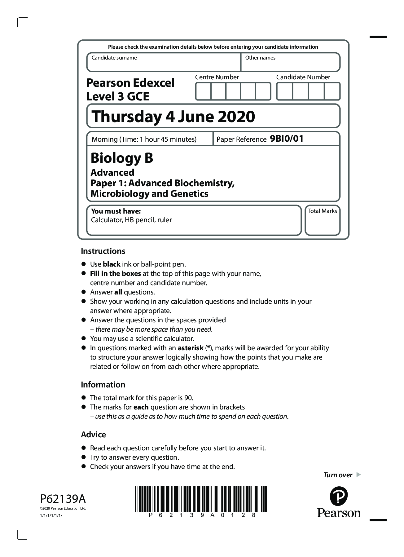 Preview of Pearson Edexcel Level 3 GCE Biology B Advanced Paper 1: Advanced Biochemistry, Microbiolog