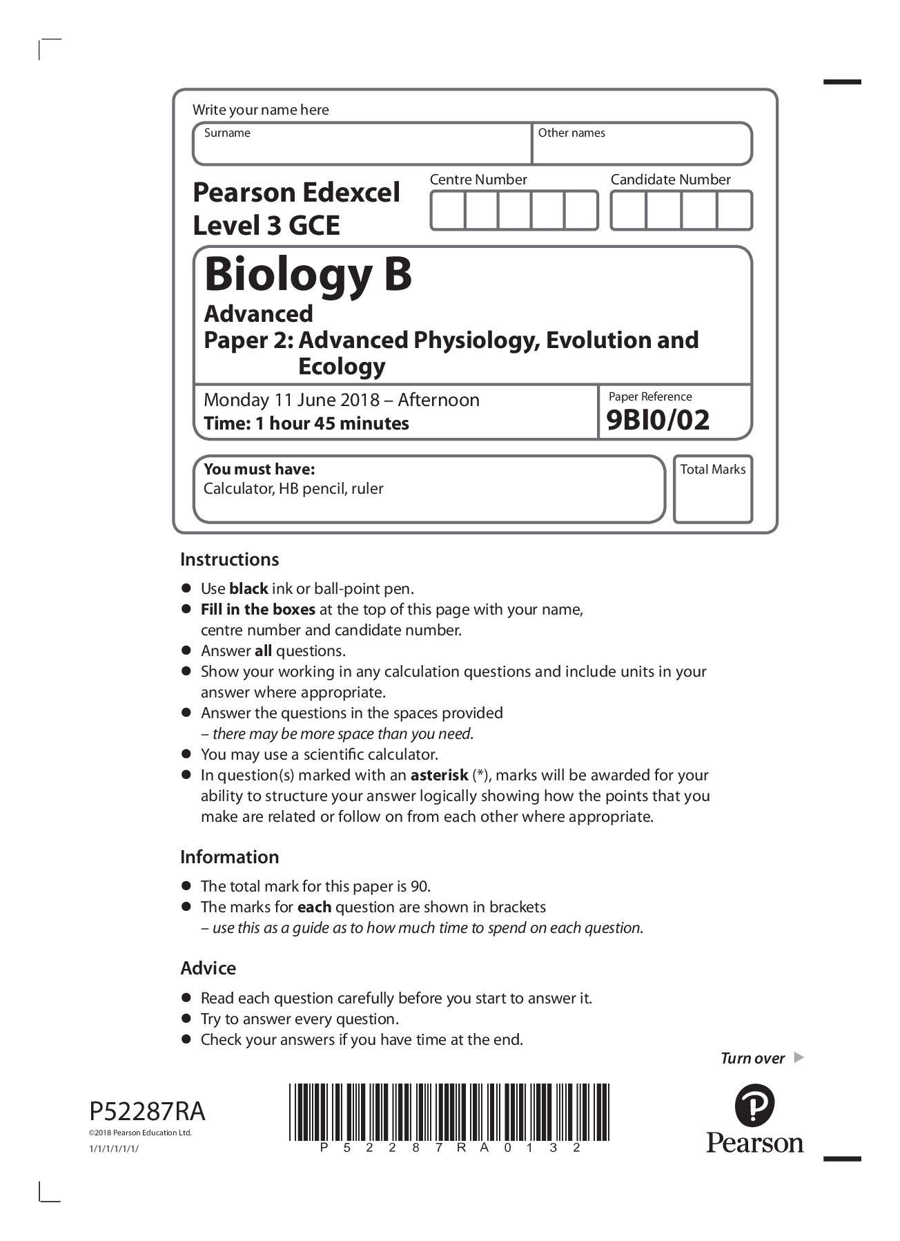 Preview image for Edexcel Level 3 GCE Biology A 2018 Paper 2