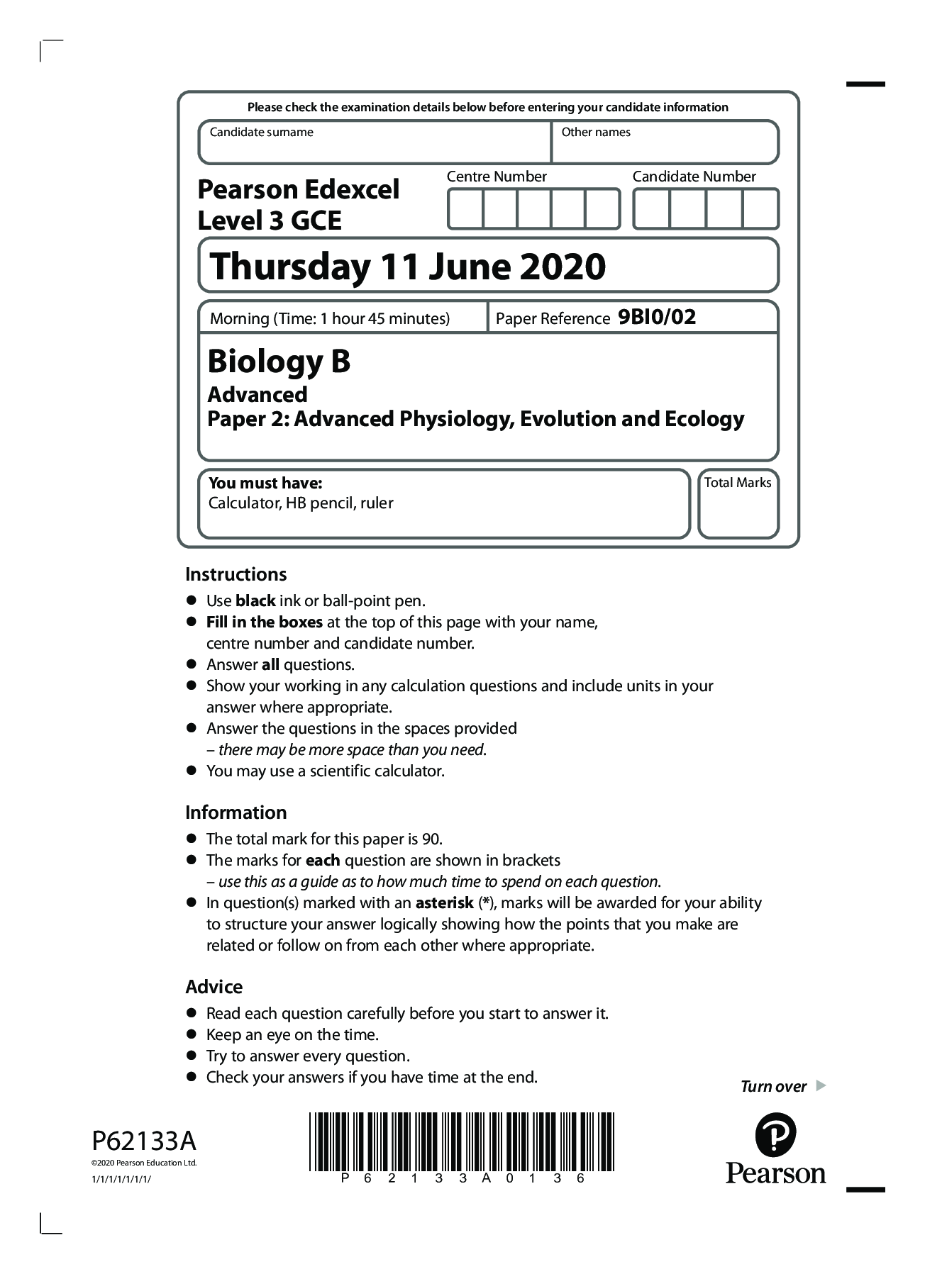 Preview of Pearson Edexcel Level 3 GCE Biology B Advanced Paper 2: Advanced Physiology, Evolution and