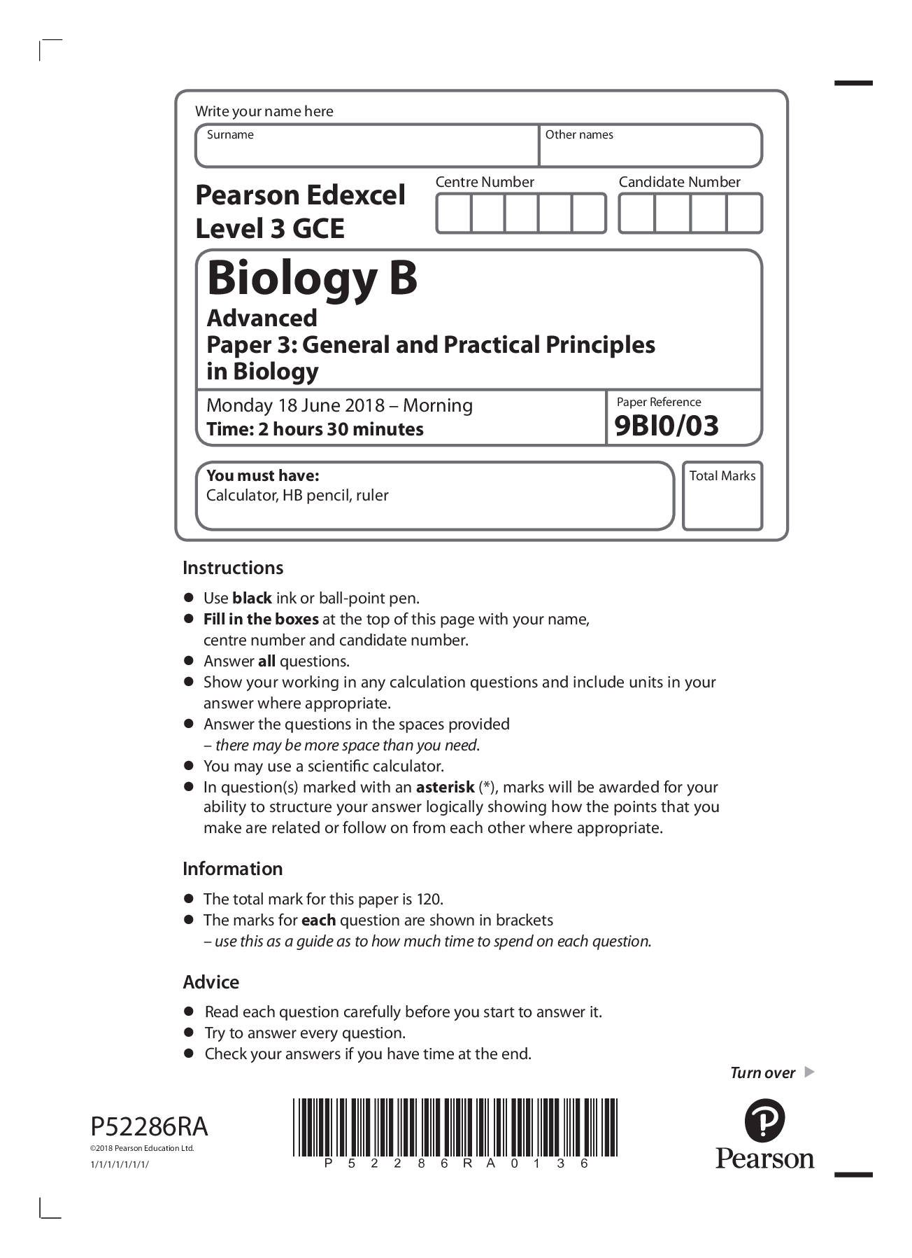 Preview image for Edexcel Level 3 GCE Biology A 2018 Paper 3