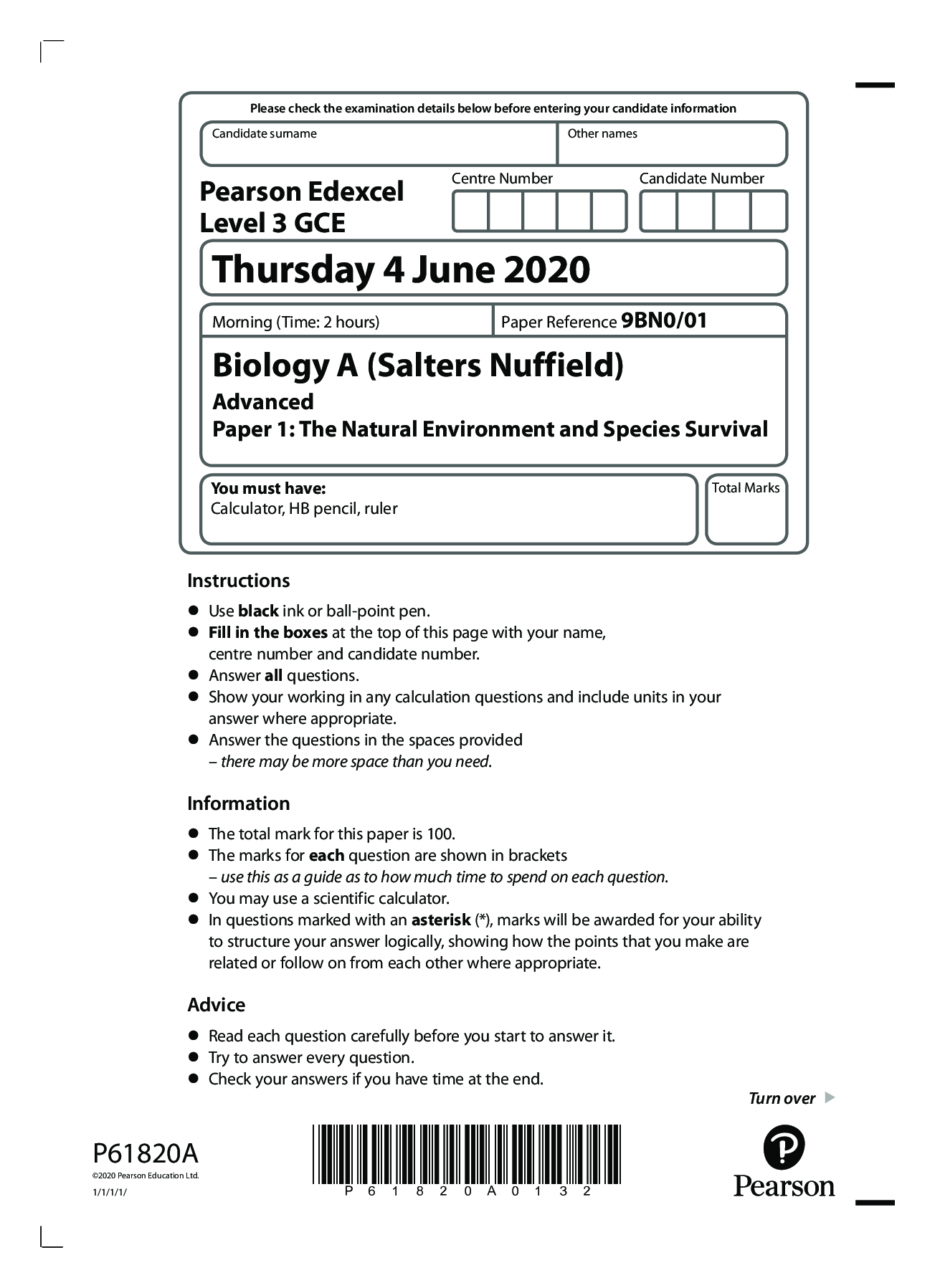 Preview of Pearson Edexcel Level 3 GCE Biology A (Salters Nuffield) Advanced Paper 1: The Natural Env