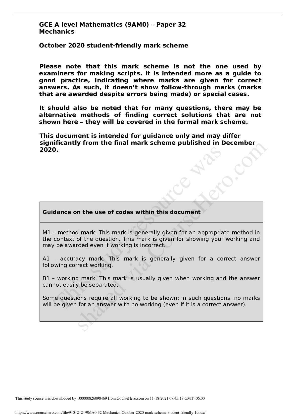 Preview image for MATHEMATICS 1 GCE A level Mathematics (9AM0) – Paper 32 Mechanics  QP COMPLETE 2020