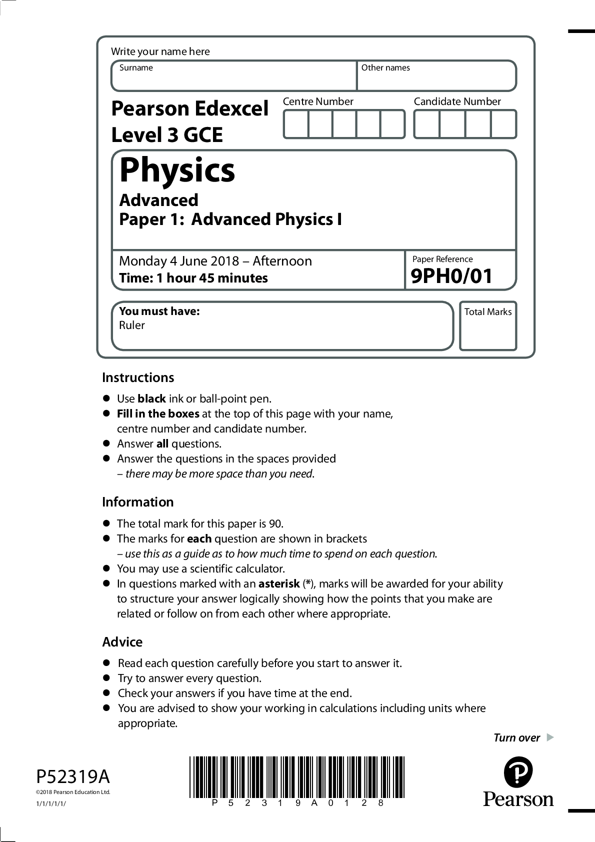 Preview image for Edexcel Level 3 GCE physics 2018 Paper 1