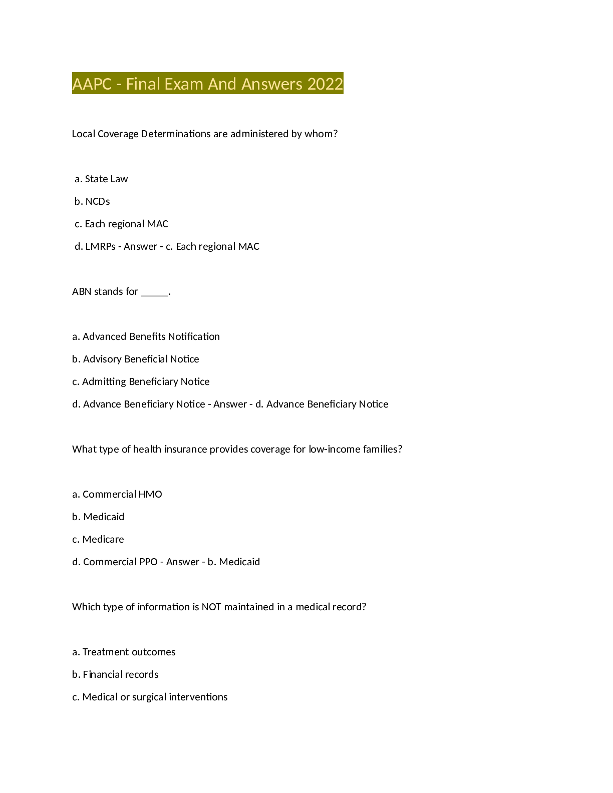 Preview image for AAPC - Final Exam And Answers 2022/2023