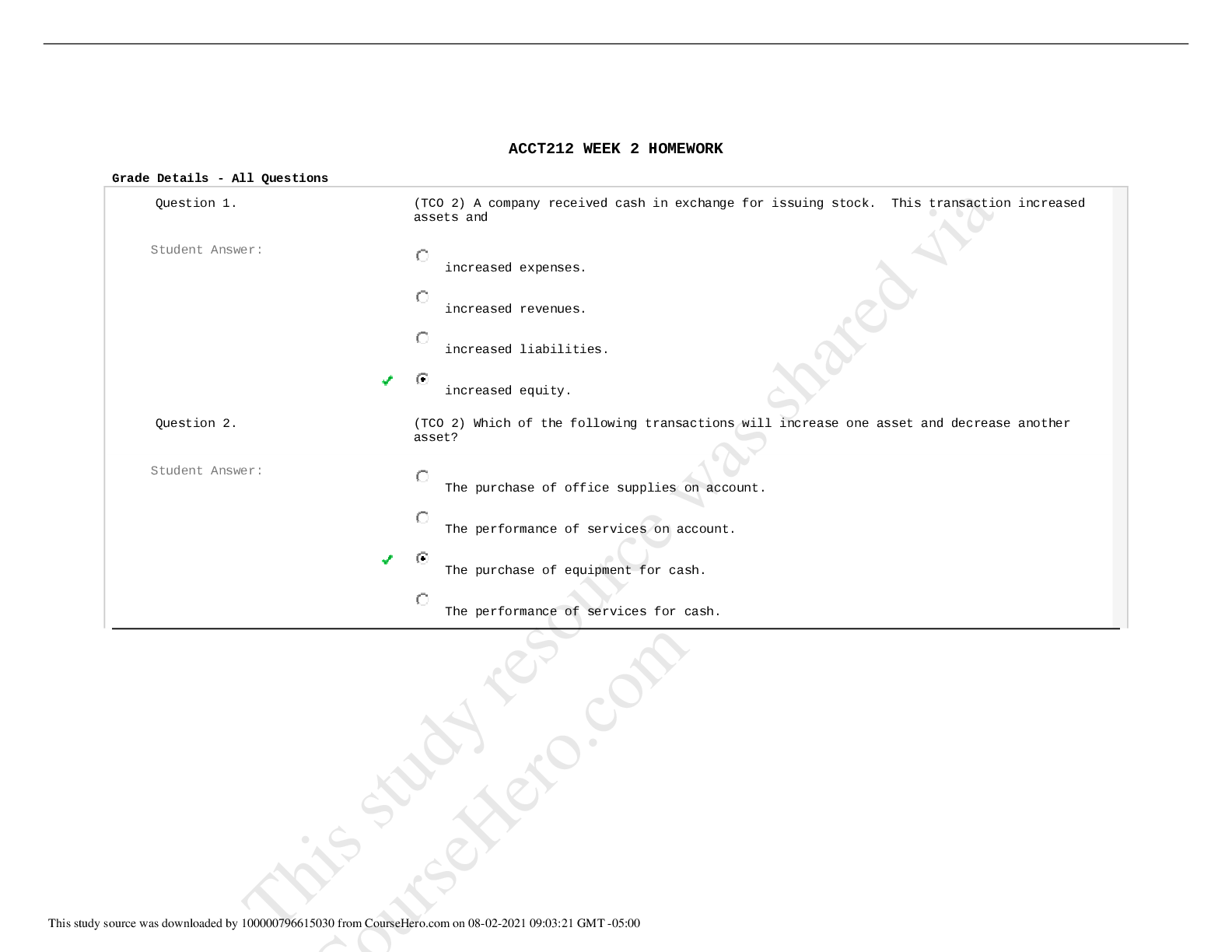 Preview of ACCT212 WEEK 2 HOMEWORK Questions and Answers Graded A+