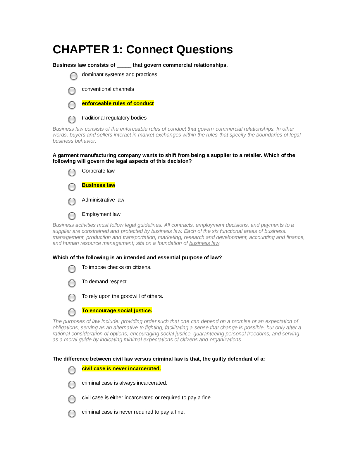 Preview image for University of South Carolina ACCT 324 SURVEY OF COMMERCIAL LAW. Connect Questions (Prof Hughes) Chapters 1-3 & 13-20
