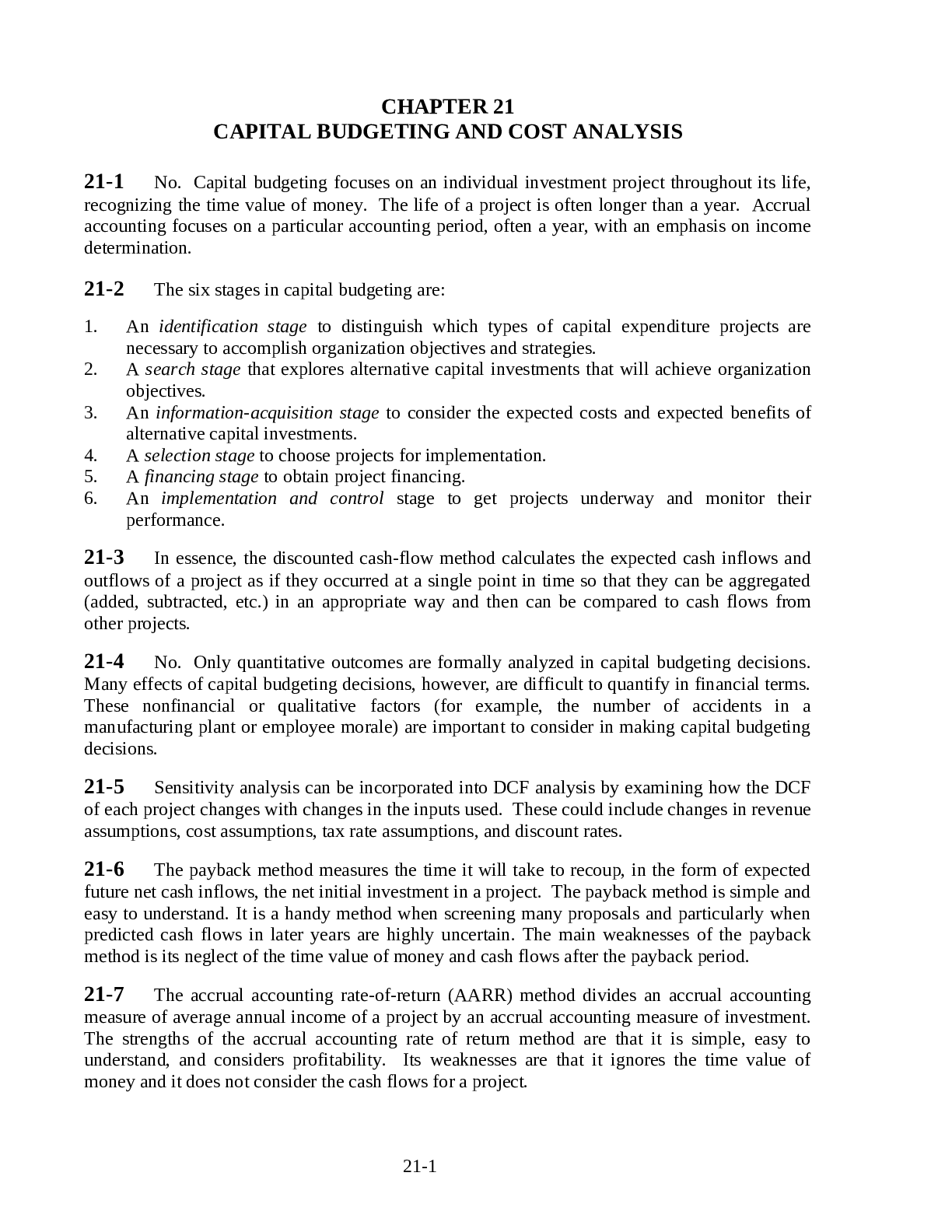 Preview image for CHAPTER 21 CAPITAL BUDGETING AND COST ANALYSIS: ANSWERS.